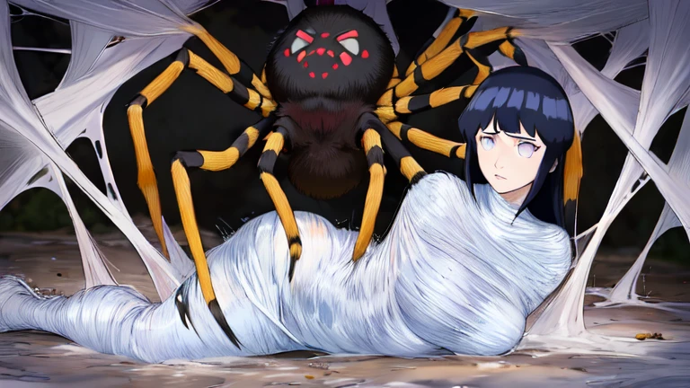 masterpiece, best quality, 1girl, solo, looking at viewer, hinata\(shippuden\), length hair, floating hair,large breasts , breasts out, (Best Quality), hanging,spiders in the web,long spider, Hinata, desperate,struggle, entangled, embarassed face, despair,cocoon,