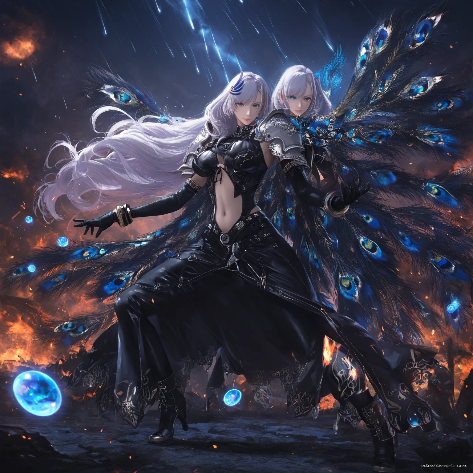 Elfenritter, (floating_long_balck hair:1.3), (detailled eyes:1.5), beauty face, Cool atmosphere, vogue_voguell_Pose, glowing glyphs, Graphit, Gold, unique, Consideration, detailed texture, detailed pattern, (glowing aura:1.2), Fantasies, fantastic, sharp, Rainbow Crystals, Sturmaura, floating:1.4, ((lila Aura, Green aura)), shine:1.3, (((looking viewer))), perfect , (tall Body, beauty Body), (chuppy Body:1.4), (large_breasts:1.3), badass_Girl, ((revealing clothing)), nijistyle, Green_glowing, full_Body, golden+purple  clothes, stilfull, (​masterpiece:1.2), (best quality), 4K, Ultra-detail, (Dynamic Composition: 1.4), Layout graphics, (Bright lighting, stimmungsfulle Beleuchtung), Final-Fantasy-Stil, magical, ((glove full hands)), Fran, Believe, helmet, revealing clothing, vambraces, Armored legwear, High Heels, (((perfect_:1.4))