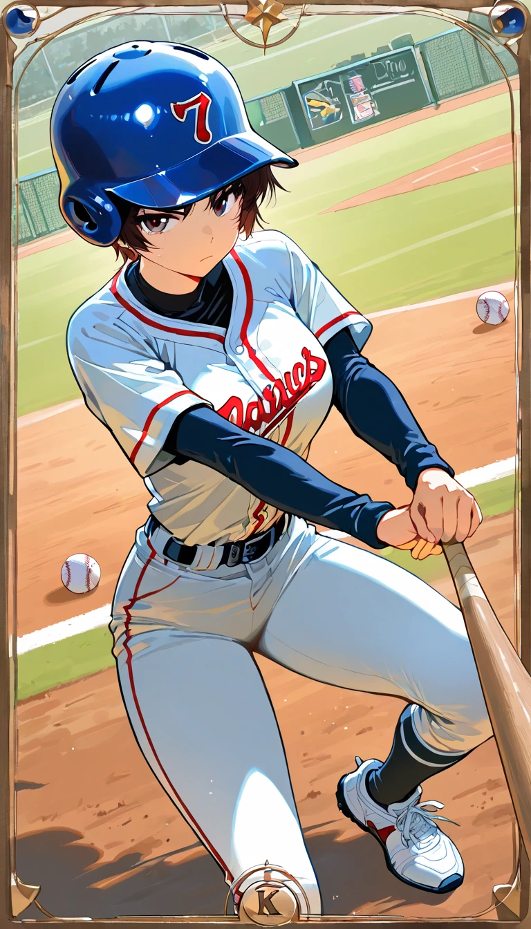  masterpiece, (textured skin), best quality, gorgeous beautiful girl, (a female softball athlete), detailed clothes,large ,narrow waist,, (beautiful face), cinematic lighting, (at softball venue ),