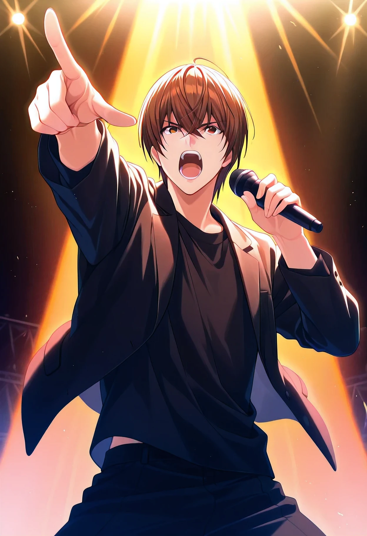 score_9, score_8_superior, score_7_superior, masterpiece, best quality, absurdres, high_fidelity, vibrant, sauce_anime, rating_safe, 1boy, Light_Yagami, hip hop costume, rap battles on a live stage, pointing, holding microphone, shouting, Dynamic Pose, Stage Lighting, colorful Lighting, cowboy shot