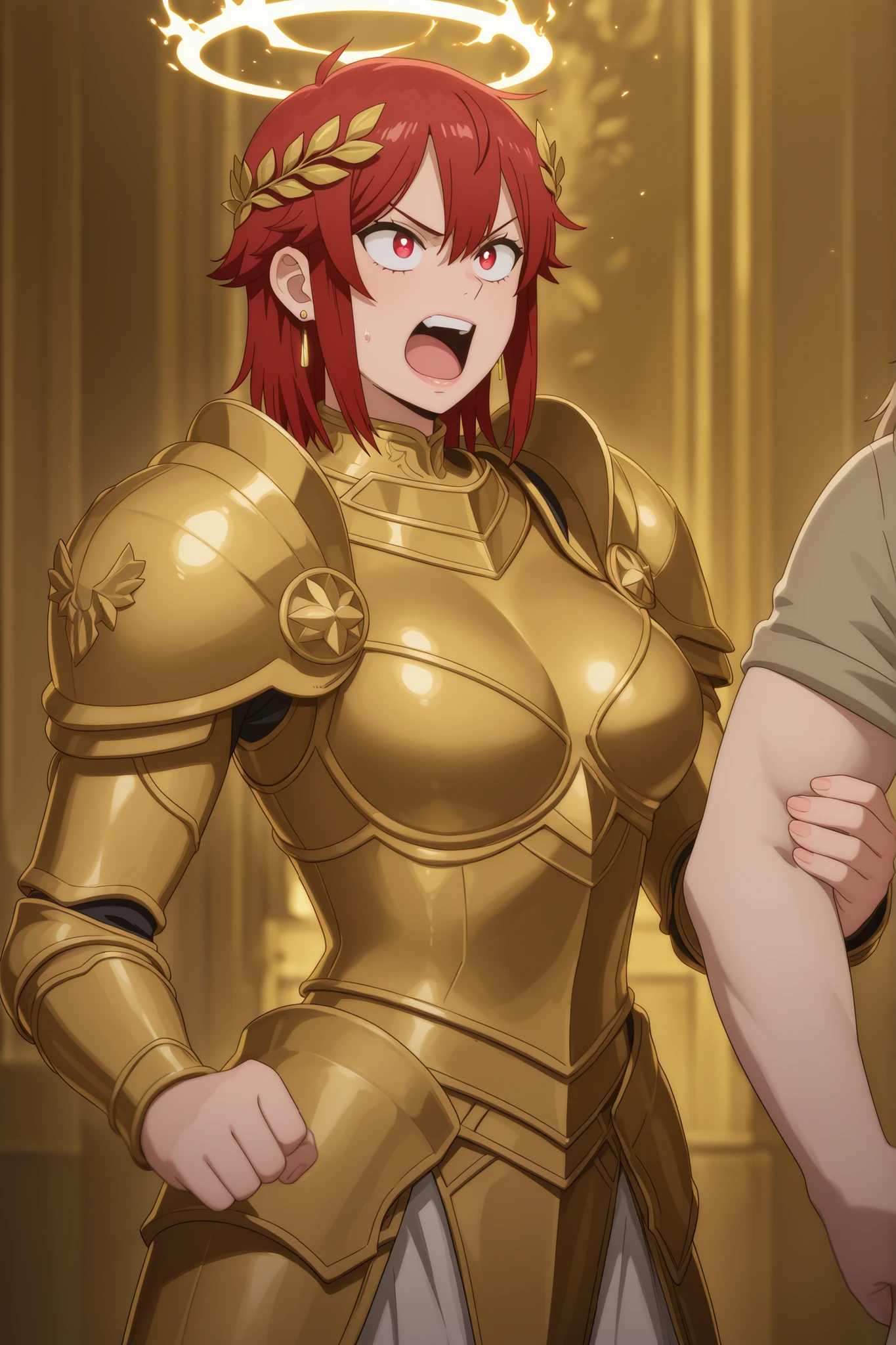 Tomo Aizawa , medium hair, red hair, medium breasts, earrings, pink lips , fire red eyes, muscle body, | masterpiece, best quality, high quality, ultra-detailed, 1girl, holding another's arm, arm grab, struggling, 1femboy, standing, open mouth, shouting, angry, facing another, laios touden, marcille donato, gold armor, laurel crown, pauldrons, god halo, bangs, proud, intimidating, gold throne room,