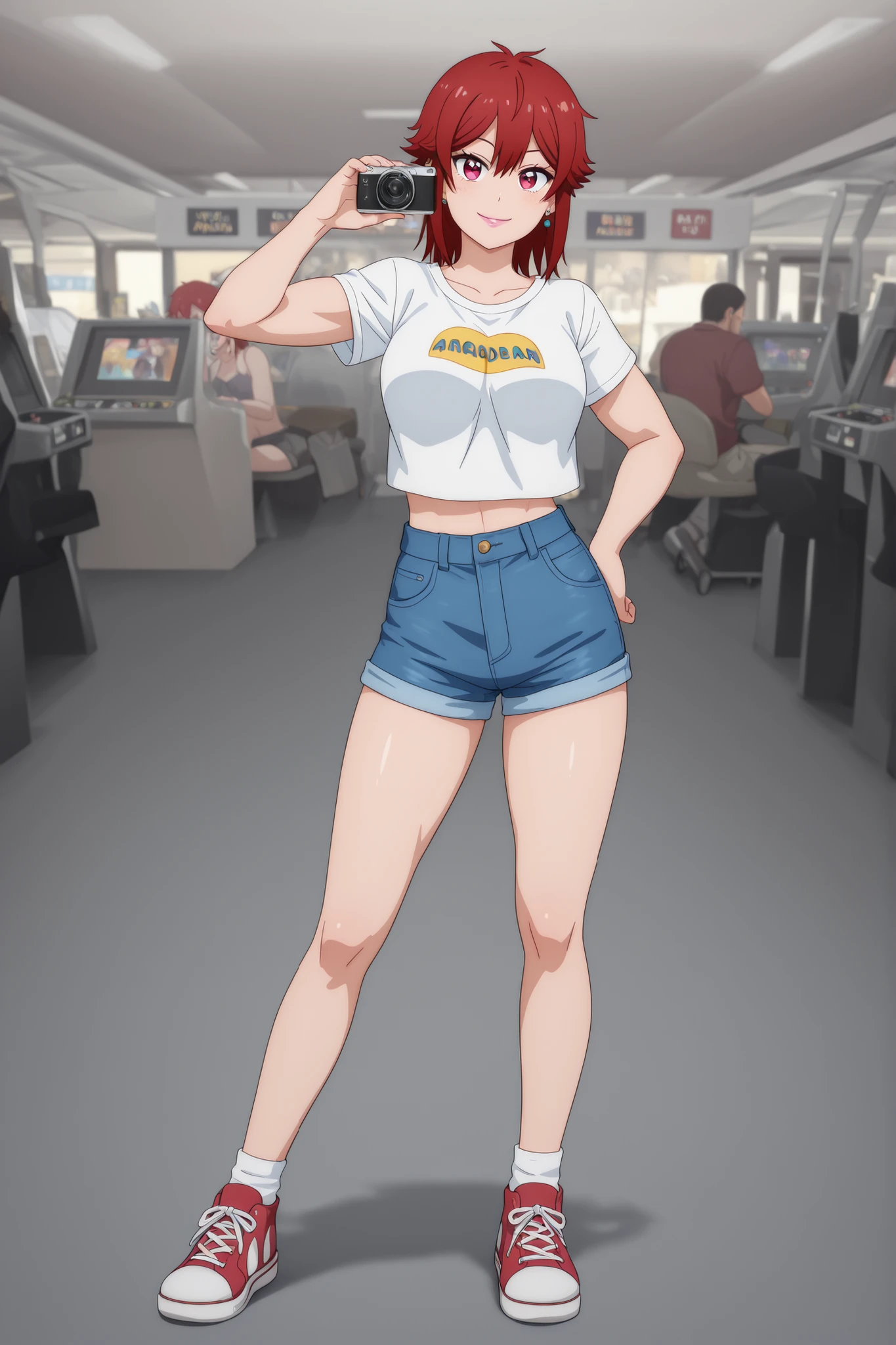 Tomo Aizawa , medium hair, red hair, medium breasts, earrings, pink lips , fire red eyes, muscle body, | Vintage photo of a girl posing in an arcade in the early 1980's, she wears jeans shorts and a crop t-shirt and sneakers, 80's perm hair, cute, looking at camera, smiling, behind her is a Pac-Man arcade video game
