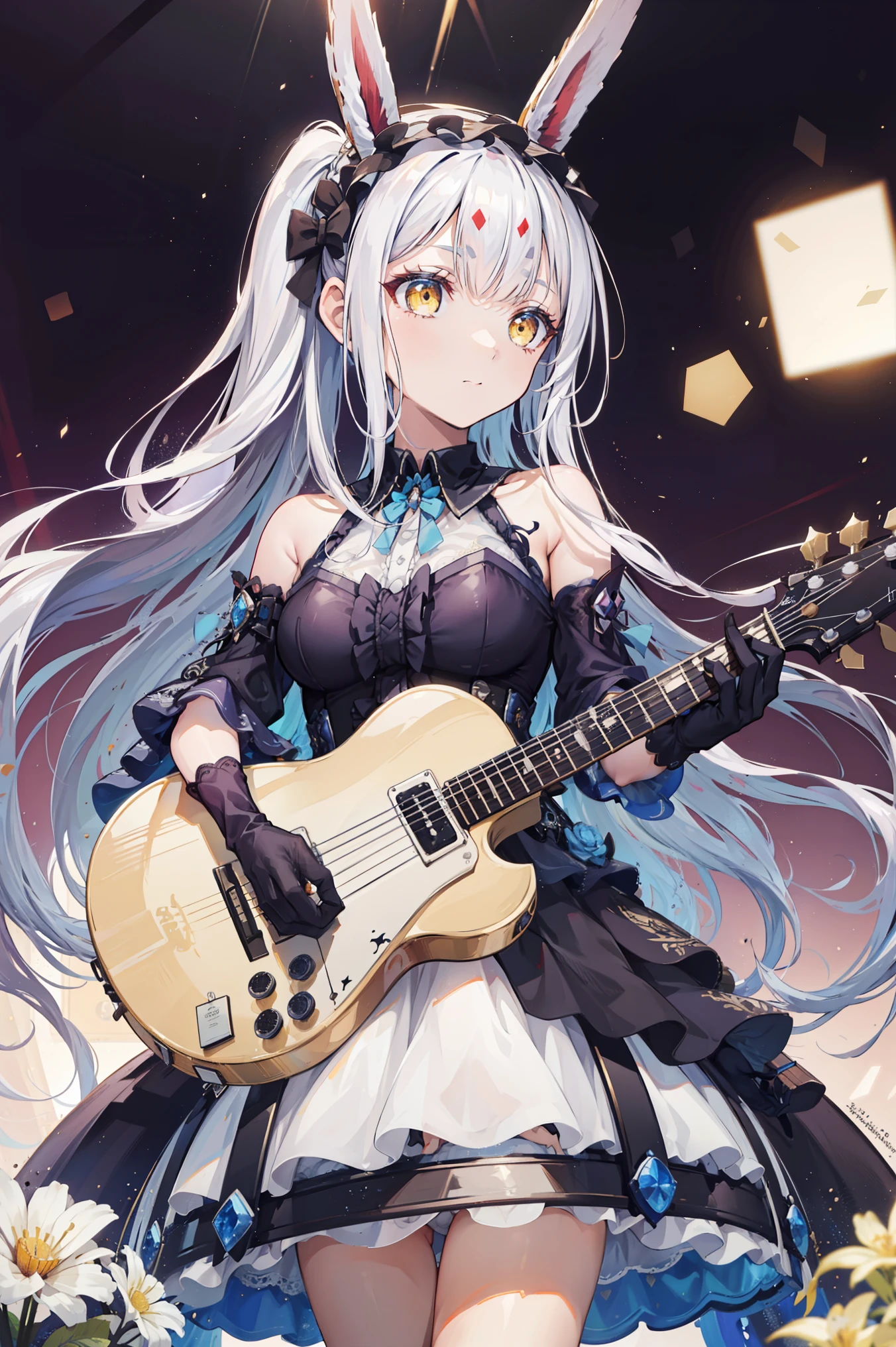 masterpiece after sex, best quality, super detailed, illustration, Double-blow ponytails , wearing a pure white princess dress , luxurious and simple decoration , delicate Lace gloves, Flowing Fabric, richly decorated, jewelry, Lace, embroidery, Wearing a crown, playing a red Fender Japan Mustang electric guitar, Action Shots, emphasizes the moment when she strums the guitar strings , holding a pick in her right hand , Intense focus, Passionate expressions, filled with joy and satisfaction , Excited, and enthusiasm, mystical glow around her, on the paved riverbank , the background is a double-tailed imperial castle , European Style, Winter sunrise, warm morning sun, Dramatic Lighting, Stereo lighting, movie camera , Shallow depth of field, soft diffused light, dynamic angle, Dramatic composition , 诗意而Dreamy动漫风格, Ethereal, Dreamy, Superb , Magical Realism, high resolution, Intricate details , Kodak Portra 400 , lens flare, glow, Mirrorless camera, Fine particles, blurry motion, the highest quality soft dress texture , Dreamy atmosphere, focuses on her face, blurred background, tranquility, charm, title: \"The princess's resting time\"shimakazealice
sleeveless dress
yellow_eyes