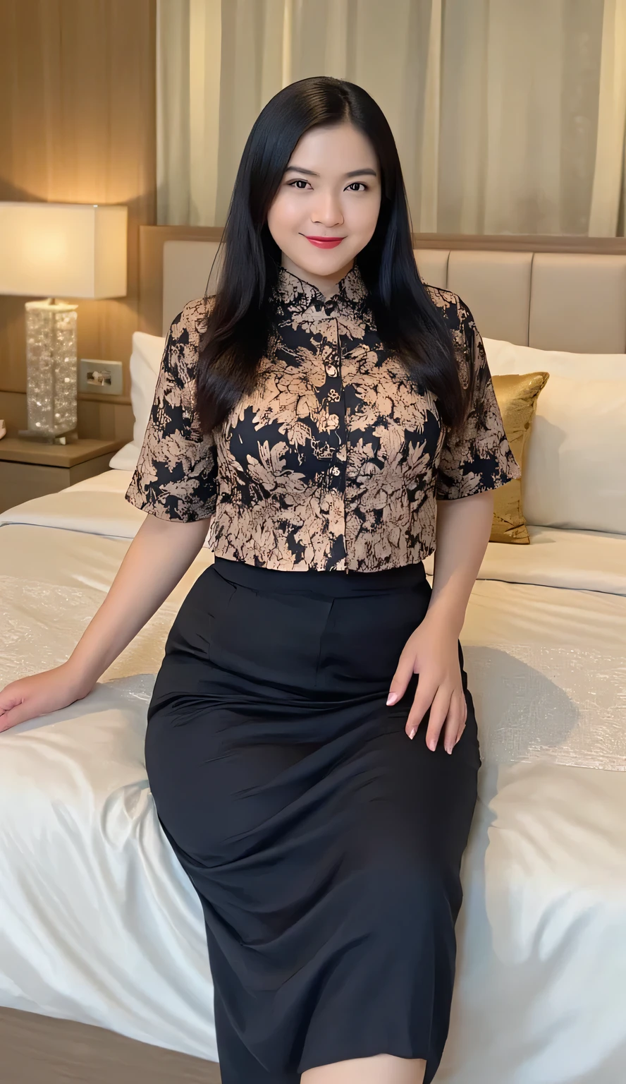 A beautiful woman seated confidently facing camera on a luxurious king-size bed, POV straight-on front view, flowing long black hair cascading past shoulders with subtle waves, wearing a fitted short-sleeve PGRI batik uniform in traditional blue and brown patterns, classic Indonesian batik motifs with PGRI organization emblems subtly woven into design, shirt hugging curves with traditional collar, buttons straining slightly across full bust, fabric clinging to waist showing hourglass figure, black long fitted pencil skirt hugging curves elegantly while seated, full curvy figure emphasized by fitted batik, deep red lipstick, hair styled with soft volume and natural shine, sitting upright on plush white bedding, legs crossed elegantly, batik fabric showing natural body contours, subtle fabric sheen highlighting curves, modern bedroom setting, soft ivory silk bedsheets, plump decorative pillows in cream and gold, elegant upholstered headboard, sheer curtains filtering warm afternoon light, bedside table with crystal lamp, romantic boudoir atmosphere, intimate lighting creating gentle shadows, professional portrait composition, eye-level camera angle, shallow depth of field, 8k uhd, hyperrealistic, cinematic lighting, intimate boudoir photography style, high-end fashion magazine aesthetic