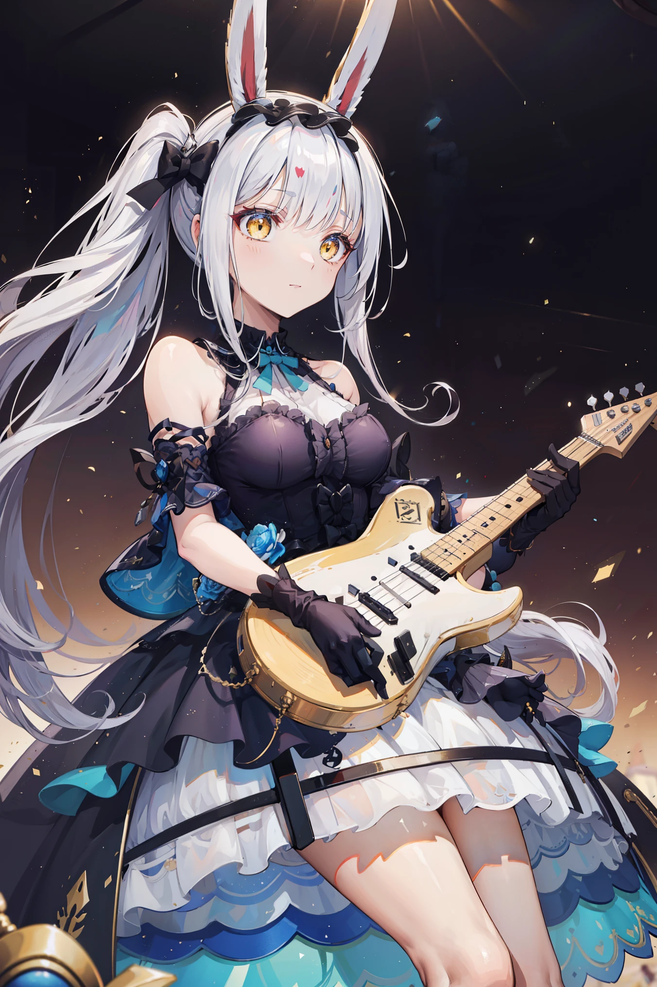 masterpiece after sex, best quality, super detailed, illustration, Double-blow ponytails , wearing a pure white princess dress , luxurious and simple decoration , delicate Lace gloves, Flowing Fabric, richly decorated, jewelry, Lace, embroidery, Wearing a crown, playing a red Fender Japan Mustang electric guitar, Action Shots, emphasizes the moment when she strums the guitar strings , holding a pick in her right hand , Intense focus, Passionate expressions, filled with joy and satisfaction , Excited, and enthusiasm, mystical glow around her, on the paved riverbank , the background is a double-tailed imperial castle , European Style, Winter sunrise, warm morning sun, Dramatic Lighting, Stereo lighting, movie camera , Shallow depth of field, soft diffused light, dynamic angle, Dramatic composition , 诗意而Dreamy动漫风格, Ethereal, Dreamy, Superb , Magical Realism, high resolution, Intricate details , Kodak Portra 400 , lens flare, glow, Mirrorless camera, Fine particles, blurry motion, the highest quality soft dress texture , Dreamy atmosphere, focuses on her face, blurred background, tranquility, charm, title: \"The princess's resting time\"shimakazealice
sleeveless dress
yellow_eyes