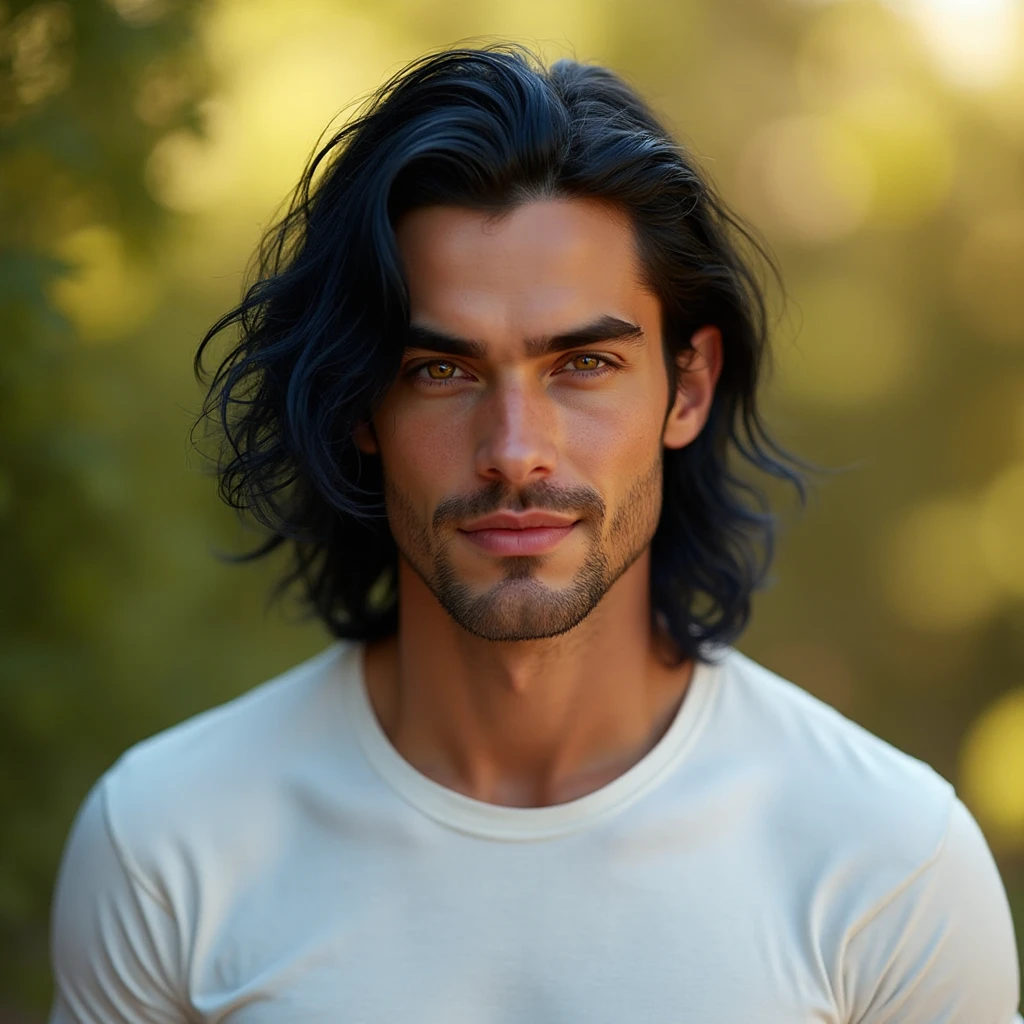 A man with long hair and a beard standing in front of trees - SeaArt AI