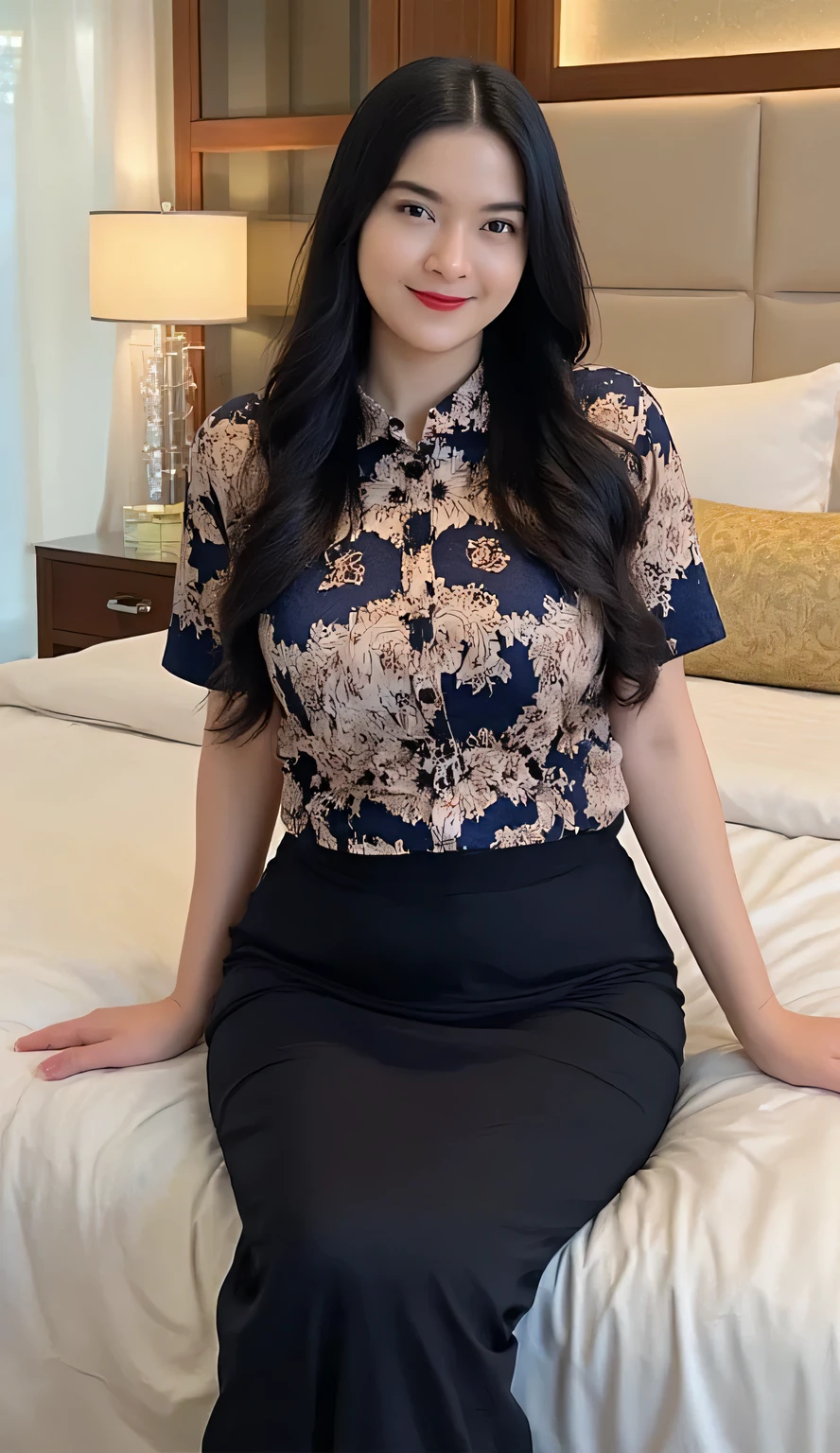 A beautiful woman seated confidently facing camera on a luxurious king-size bed, POV straight-on front view, flowing long black hair cascading past shoulders with subtle waves, wearing a fitted short-sleeve PGRI batik uniform in traditional blue and brown patterns, classic Indonesian batik motifs with PGRI organization emblems subtly woven into design, shirt hugging curves with traditional collar, buttons straining slightly across full bust, fabric clinging to waist showing hourglass figure, black long fitted pencil skirt hugging curves elegantly while seated, full curvy figure emphasized by fitted batik, deep red lipstick, hair styled with soft volume and natural shine, sitting upright on plush white bedding, legs crossed elegantly, batik fabric showing natural body contours, subtle fabric sheen highlighting curves, modern bedroom setting, soft ivory silk bedsheets, plump decorative pillows in cream and gold, elegant upholstered headboard, sheer curtains filtering warm afternoon light, bedside table with crystal lamp, romantic boudoir atmosphere, intimate lighting creating gentle shadows, professional portrait composition, eye-level camera angle, shallow depth of field, 8k uhd, hyperrealistic, cinematic lighting, intimate boudoir photography style, high-end fashion magazine aesthetic