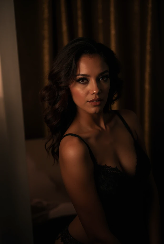 woman bathed in soft light, leaning against a wall, looking into the camera in a moment of raw emotion. Her attire is minimal, accentuating her beauty with the dramatic shadows cast by the lighting. The background is stark, with sharp contrasts highlighting the contours of her form. The blue and black palette intensifies the mood, evoking a sense of mystery and allure. Subtle film grain and meticulous shading add depth and texture, emphasizing the emotional gravity of the scene. The lighting creates a chiaroscuro effect, accentuating her expressive pose and the intense atmosphere.