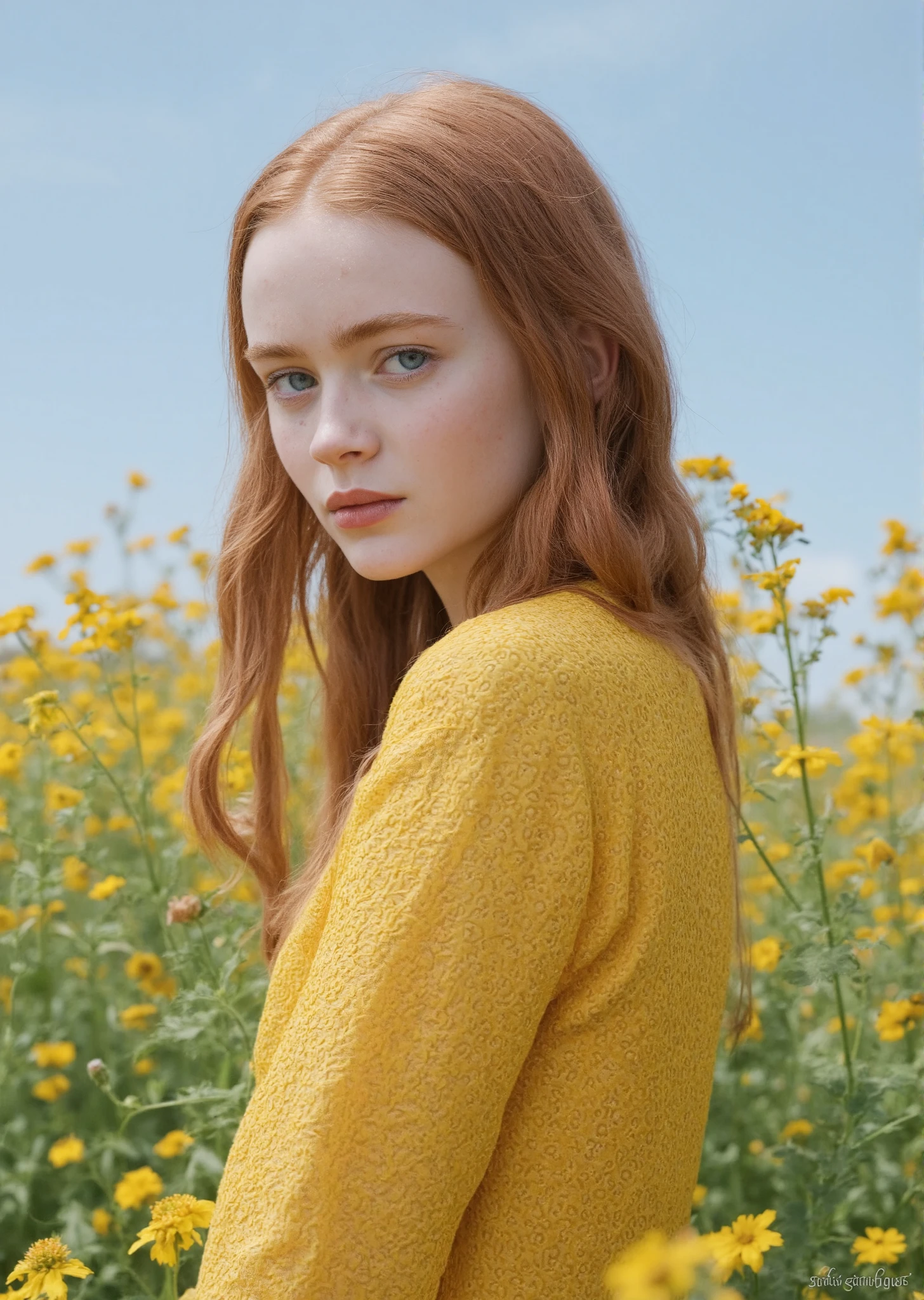 sadie sink eighteen years old youthful facial features,full body shot that clearly displays her from the top of her head to her mid thigh showing off her thighs,long ginger hair,big blue nervous looking eyes,button nose,flawless alabaster skin,smattering of freckles on her perfect button nose,breezy nearly see through sheer yellow sun dress that goes to mid thigh blowing softly in the light breeze,not wearing underwear or a bra,lightest pink hard nipples barely visible through the fabric of her dress,a nervous shy expression looking directly at the viewer while maintaining eye contact with the viewer,directly facing the viewer,looking at the viewer,tiny breasts,aaa cup breasts,skinny,petite,8k hd resolution,masterpiece,absurd quality,standing outside in a stunning field of flowers with the big blue sky as the background,