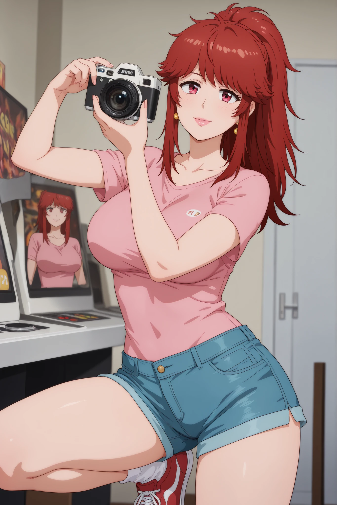 Akemi Aizawa, long hair, ponytail, fringe, red hair, , earrings, pink lips , fire red eyes, muscle body, | Vintage photo of a girl posing in an arcade in the early 1980's, she wears jeans shorts and a crop t-shirt and sneakers, 80's perm hair, cute, looking at camera, smiling, behind her is a Pac-Man arcade video game