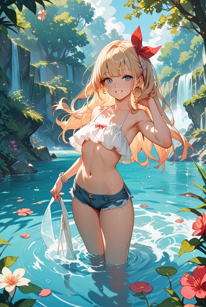 "Gorgeous and high-quality, highly detailed masterpiece that features 2 charming girls in bikini sitting near a waterfall. Creating a sexual atmosphere." medium breasts, (nipple slip:1.1), kissing, bare chest