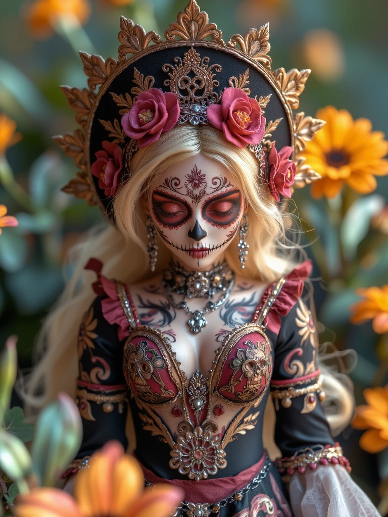 Futuristic Soldier Girl Portrait,looking at viewer,upper body,science fiction,
a woman dressed in a sugar skull costume with flowers, Amazing Octane Render, thick dust and red tones, wearing a golden halo, Saint Woman, white skeleton face