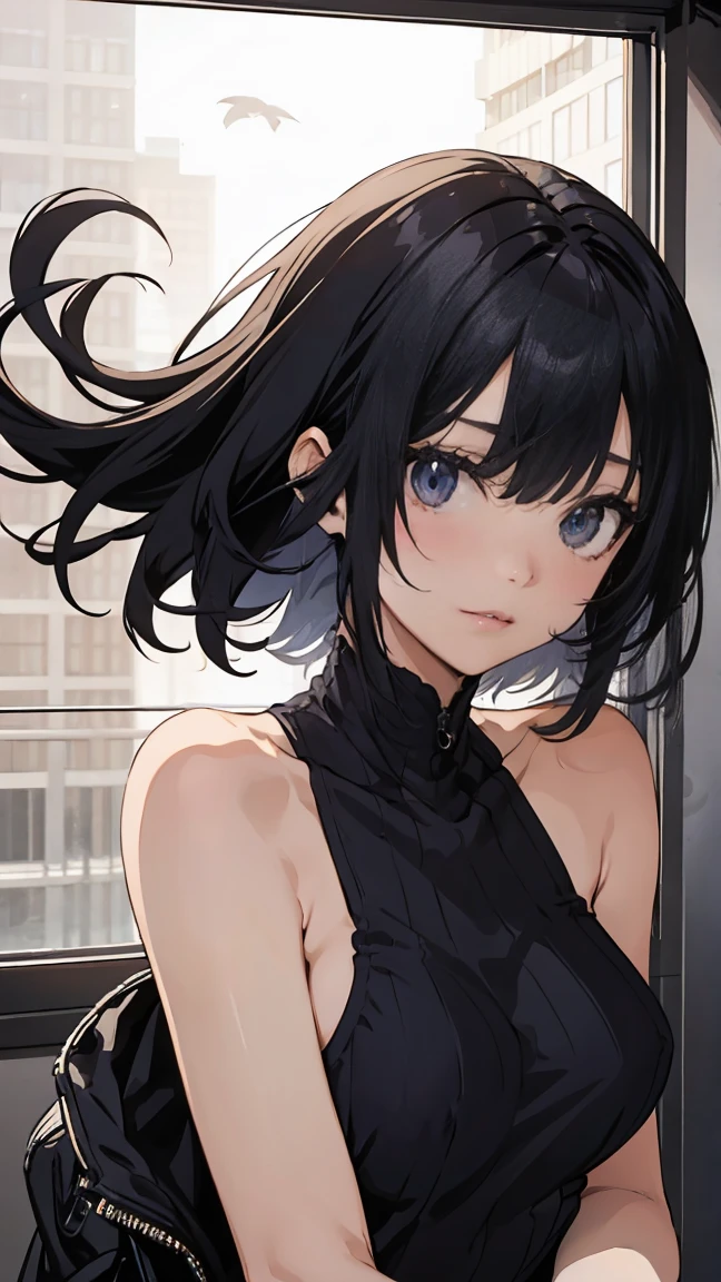 anime girl, beautiful, long black hair, blue eyes, slender, high ,