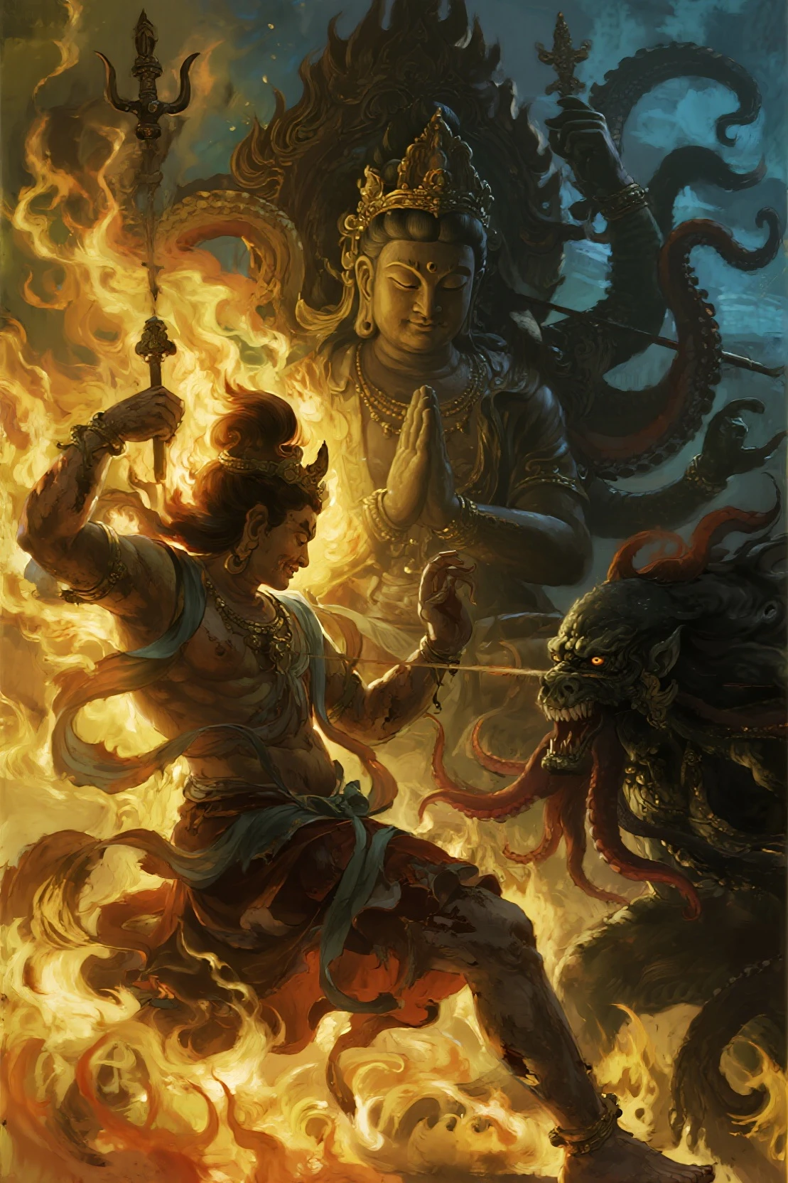 A woman with three heads and six arms is in the fire with a sword and various magic weapons, Make a human head a daze，Viper decoration，Foot on a person，The background is a sky-piercing flame，author：Tim and Greg Hildebrandt, god shiva the destroyer, author：greg hildebrant, narasimha, todd schorr, style of boris vallejo, Wayne Barlow's Hell, flod, greg hildebrandt highly detailed