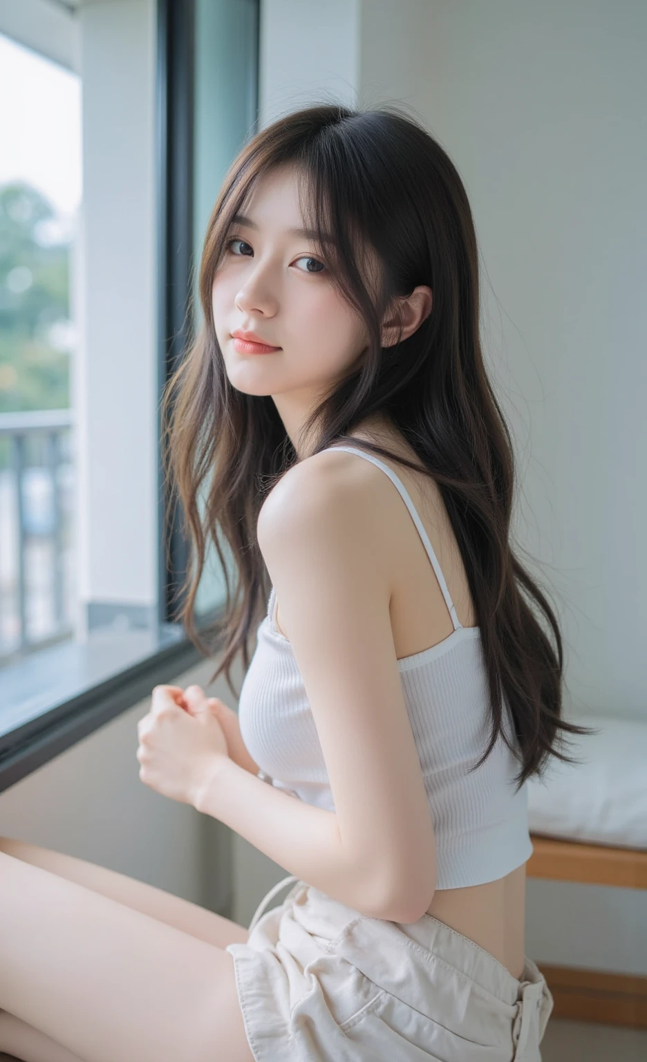 ((Perfect description:1.3)、(Complete Hand:1.3)、(Face it head on)、Realistic、RAW Photos、Tabletop、highest quality、High resolution、Delicate and beautiful、Perfect Face、Beautiful details、Fair skin、Real Humans、((Thin legs))、(Black Hair):1.2), 8k, 11 year old girl standing half-length, 85mm,公式AR RAW Photos, Super slim slender beautiful girl、Freshly taken off white camisole、Lower body nude、Exposing the groin or genitals、