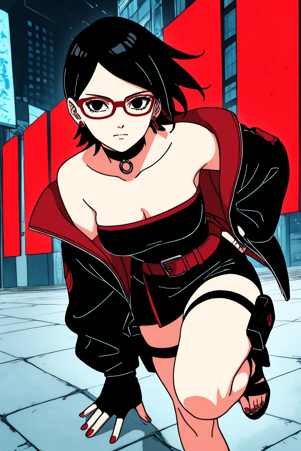 bare shoulders, jewelry, collarbone, jacket, earrings, shorts, choker, belt, black dress, black jacket, strapless, thigh strap, black shorts, strapless dress, holster, thigh holster, red belt, thigh pouch,Completed_120%, completed_130%, completed_150%, Score_9_up, score_8_up, score_7_up, Gravure photoshoot,決めポーズ,((outdoor:1.09)),serous,medium breasts, adult,((beauty)), ((cool face:1.09)),anime style, 2D, solo, ultra quality, ultra resolution, 8k, manga, a beautiful girl, with a mature body,baer legs, thick thighs, dynamic pose,dynamic angle:1.09, looking at the viewers,bare legs, panties visible, うちはサラダ,short HAIR,RETRO ARTSTYLE,ANIME,1girl,sarada uchiha, short hair, black hair, glasses, black eyes,sarada uchiha,black ninja outfit, red accents, tactical gear, fingerless gloves, shinobi , confident pose, anime style, sleek design, urban background, dynamic lighting,Default outfit: glasses, earrings, o-ring choker, black jacket, konohagakure symbol, black shorts, belt, thigh holster, thigh strap, footwear, high-heel sandals, toes,