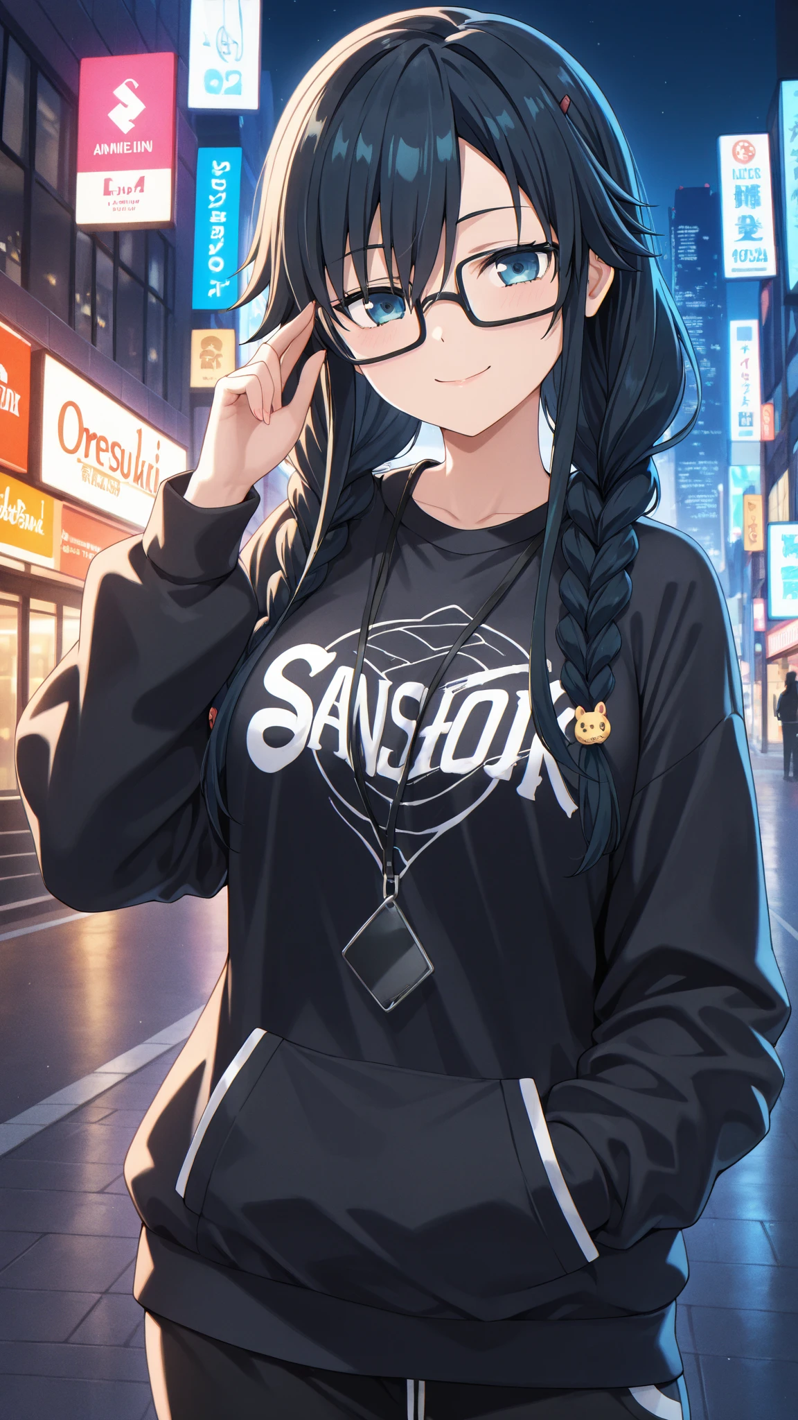 (masterpiece:1.37), best quality, (extremely detailed:1.37) woman, (mature:1.75), (adult:1.5), (very long hair:1.5), dark purple hair, purple eyes, (extremely detailed eyes:1.37), stylish hoodie, jeans, (wetting herself:2.0), standing straight, full body day, daytime, glow, facing viewer, perfect composition, full body, city, street