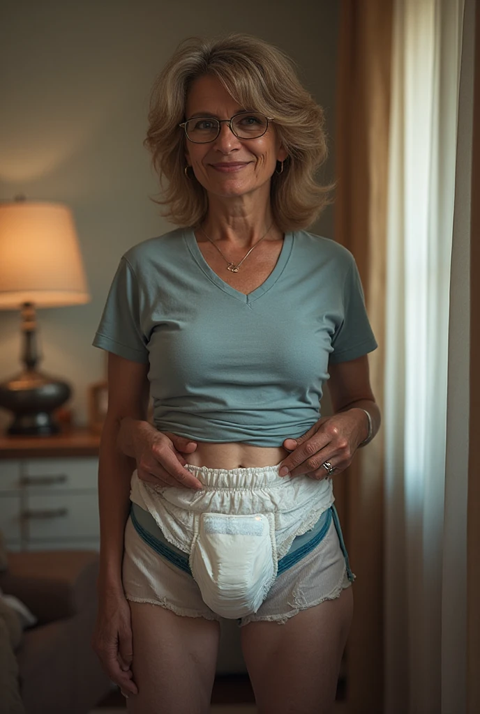 Create a middle-aged woman with a visible diaper.