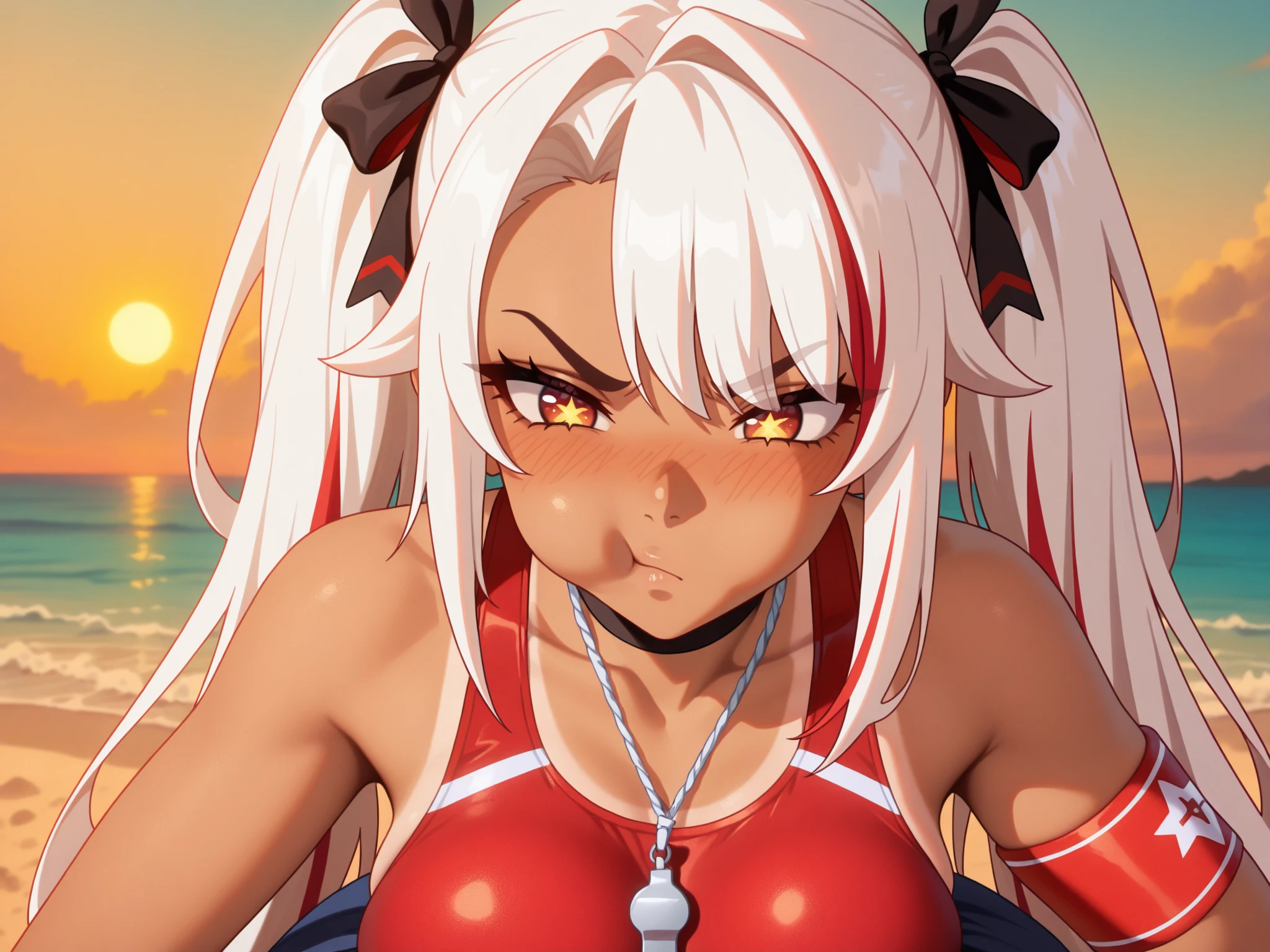 menina anime, com pele negra, In a red  on the beach with a full moon in the background, menina anime sedutora, divindade de cabelos brancos, kantai collection style, cabelos brancos, mulher bonita sedutora do anime, cabelos brancos, Konpeki no Kantai, Arte Oficial , na praia,  , Estilo de pista Azur, menina perfeita de cabelos brancos, Encalhado, Personagens de Azur Lane