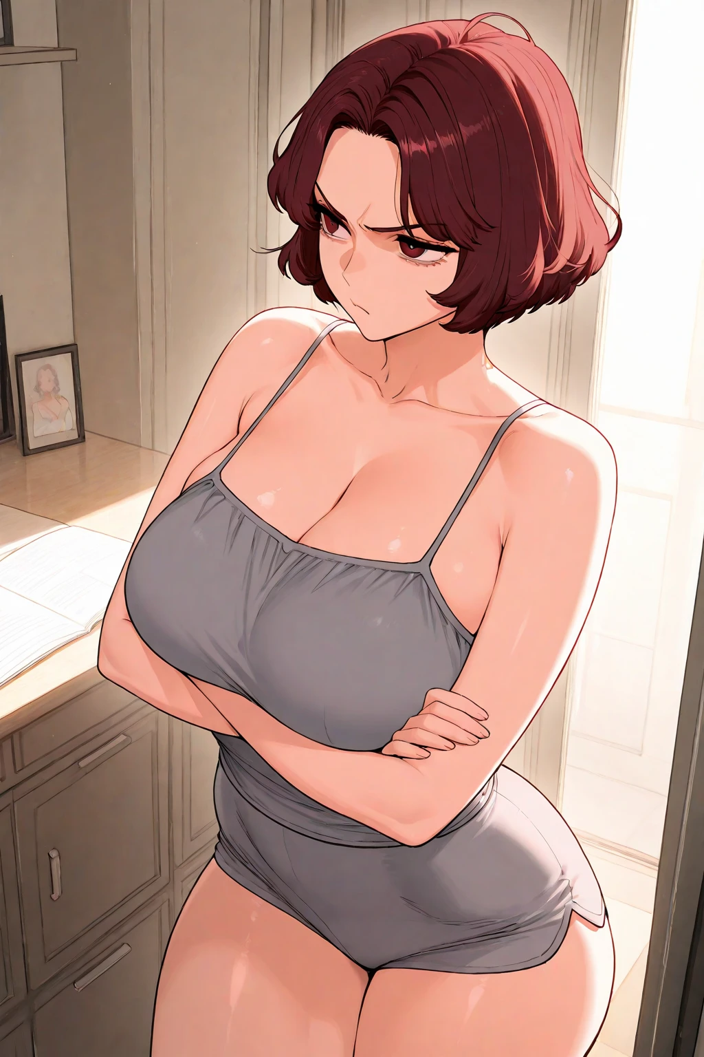 4K, Overwhelmingly Pixel-Perfect, Super Detail, Mature Female,Narrow Eyes,Housewife,Curvy,Black Medium Hair,Modest Woman,Sloppy,unkempt Hair,In Heat,Shy, Sweaty,Tan,[Realistic]