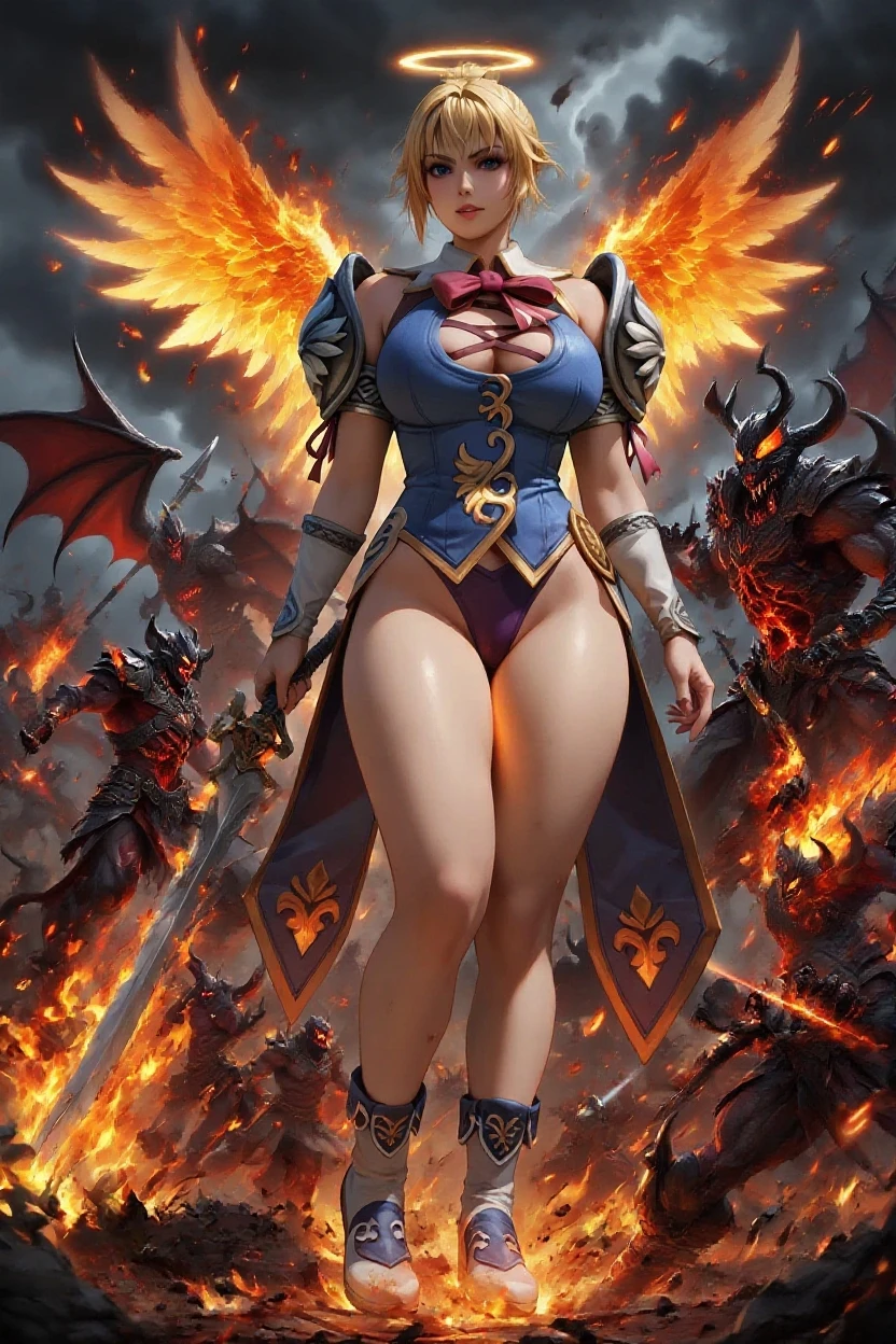 A young 15- yr old phoenix girl with lovely charming face, having phoenix skin tone pigmenting texture, (wearing nose ring), (body builder, athletic masculine size body),(having a lots of battle scar's), (phoenix skin texture masterpiece ), (tomboyish cyber punk hairstyles look), (( wearing helmet with horns)), (serious, with exposed teeths showing large fangs)(perfect full body detailed anatomy), (Super accessories detailed), (fighting pose), (perfect detailed bright sparkling eyes),( short illuminating hair), ((expose big hard erect nipples))(( wearing illuminating transparent armored panty and bra, with pussy clitoris exposed ))((legs wide open showing pussy line))(( Wearing illuminating transparency lion costumes )), (( holding treasure war hammer )), ( crystalized cliff background), (( illuminating different lights covering the sorrounding atmosphere of battle fields)) on its back wearing dark cape detailed design, has a angry face, 7 different perspective view of that same girl & face profile sheet character style