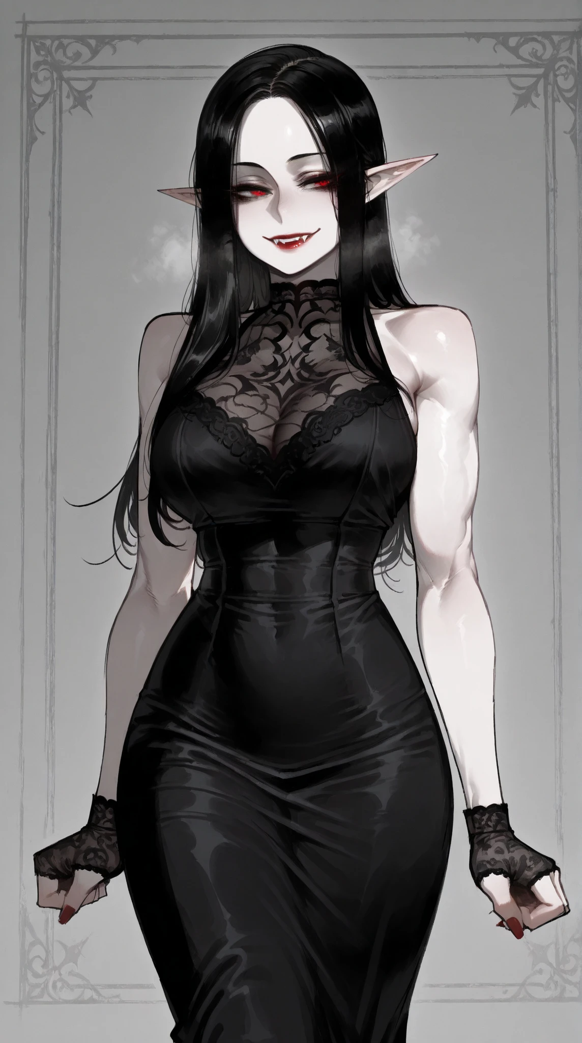 (beste-Qualit), (tmasterpiece), (Gloomy color scheme:1.5), Full-body shot, cowboy shot, standing at full height, 1girl in costume, androgynous vampire, junji ito 4 k, with long dark hair, ito junji art, style of junji ito, Dark Costume, portrait of sadako of the ring, Gentle androgynous princess , Beautiful androgynous princess , with her long black hair, girl in suit, (big yellow eyes:1.3), fangs, detailing, (generous cleavage), Burst breasts, extra high resolution, 8K, (The blood on her lips runs down her neck), (Lovely Medium Breasts), perfect anatomy, (Gloomy color scheme:1.5), (shapely body), Microthongs, Beautiful slender legs, white socks, Short socks, sexypose, (Hands Behind Your Back:1.2), (Looking down), (The gaze is directed downwards),