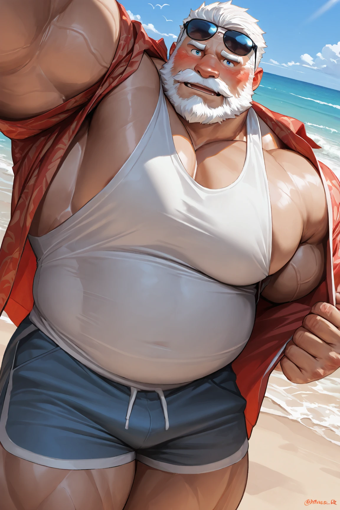 (masterpiece, best quality, detailed:1.2) old muscleman, daddy, long wavy white hair(king triton), big white beard, smiling , happy face, smirk, wearing a spandex speedo(pink) , very muscular body,  hair , nicebulge, seascape, fluffy clouds, mustache, realistic, full body shot, shiny spandex (!), playing in waves, beach ball, beach ball spinning, tan skin, walking out of the ocean, water dripping off his body, water glistening on his skin, wet skin, walking towards me, big waves in background, next to a sandcastle, sand castle, shiny skin, sunglasses(pink), lots of tattoos on arms, tattoo sleve, surfer necklace, braids in beard, tropical flora, flower in hair, 