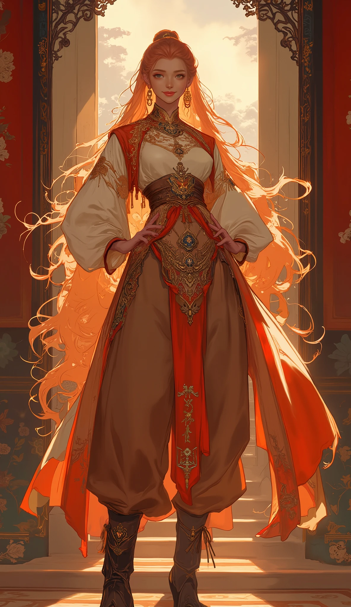 (masterpiece, best quality, intricate details, cinematic lighting), a beautiful fantasy wuxia heroine with a slender figure, perfect anatomy, and perfect hands with five fingers. She has long, wavy, deep-red hair, sharp eyes, and delicate facial features of mixed Central Asian and European descent. A confident smile plays on her lips. She is dressed in an elegant yet practical fantasy-style dress over loose, comfortable trousers and leather boots. The color scheme of her outfit is predominantly red and white, accented with yellow. She stands proudly with her hands on her hips within a magnificent and grand fantasy ancient city that blends Chinese and Japanese architectural styles. Exquisite and mature character illustration art by WLOP and Ruan Jia, dynamic composition, hyper-detailed.