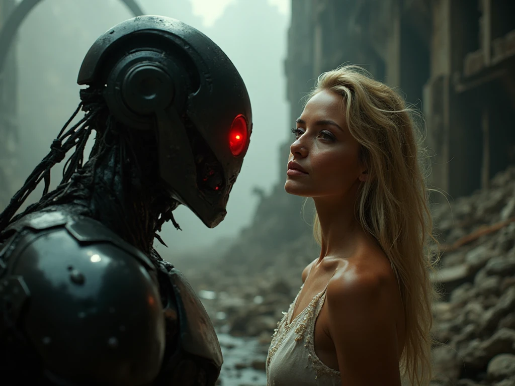 blond woman in a silver dress standing next to a red alien, amouranth as a super villain, movie still of the alien girl, unreal engine : : rave makeup, daz3d genesis iray shaders, cyborg goddess in cosmos, movie still of aztec cyborg, artgerm ; 3d unreal engine, movie still of a alien cyborg --auto --s2