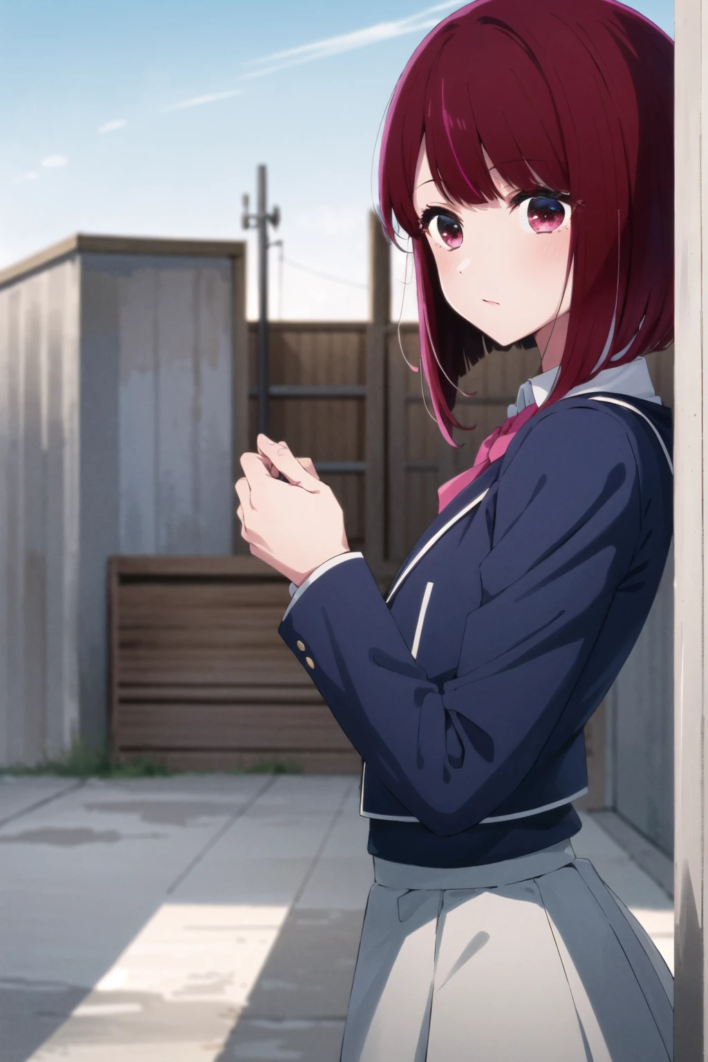 Anime girl in short dress standing in front of a wooden wall - SeaArt AI