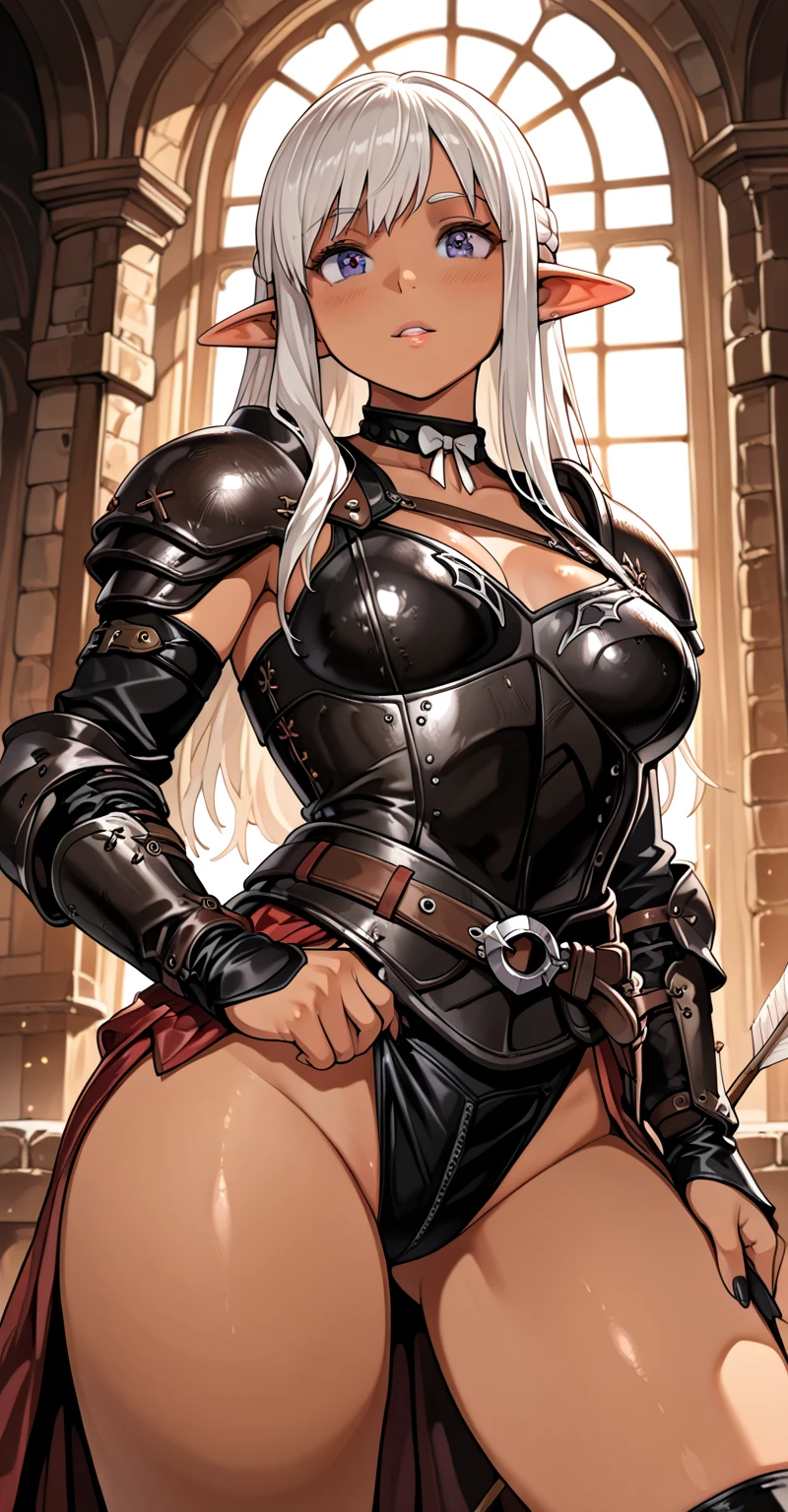 female, silver short hair, red eyes, dark skin, curved black horns, Dark Elf, (((1girl))), (((metal gauntlets))), (knee high metal heeled boots), (black bra), (black panties), (maroon quarter skirt), (brown belt), (black thigh high socks), cute and sexy, long legs, full body, large breasts, large butt, smirking, holding spear