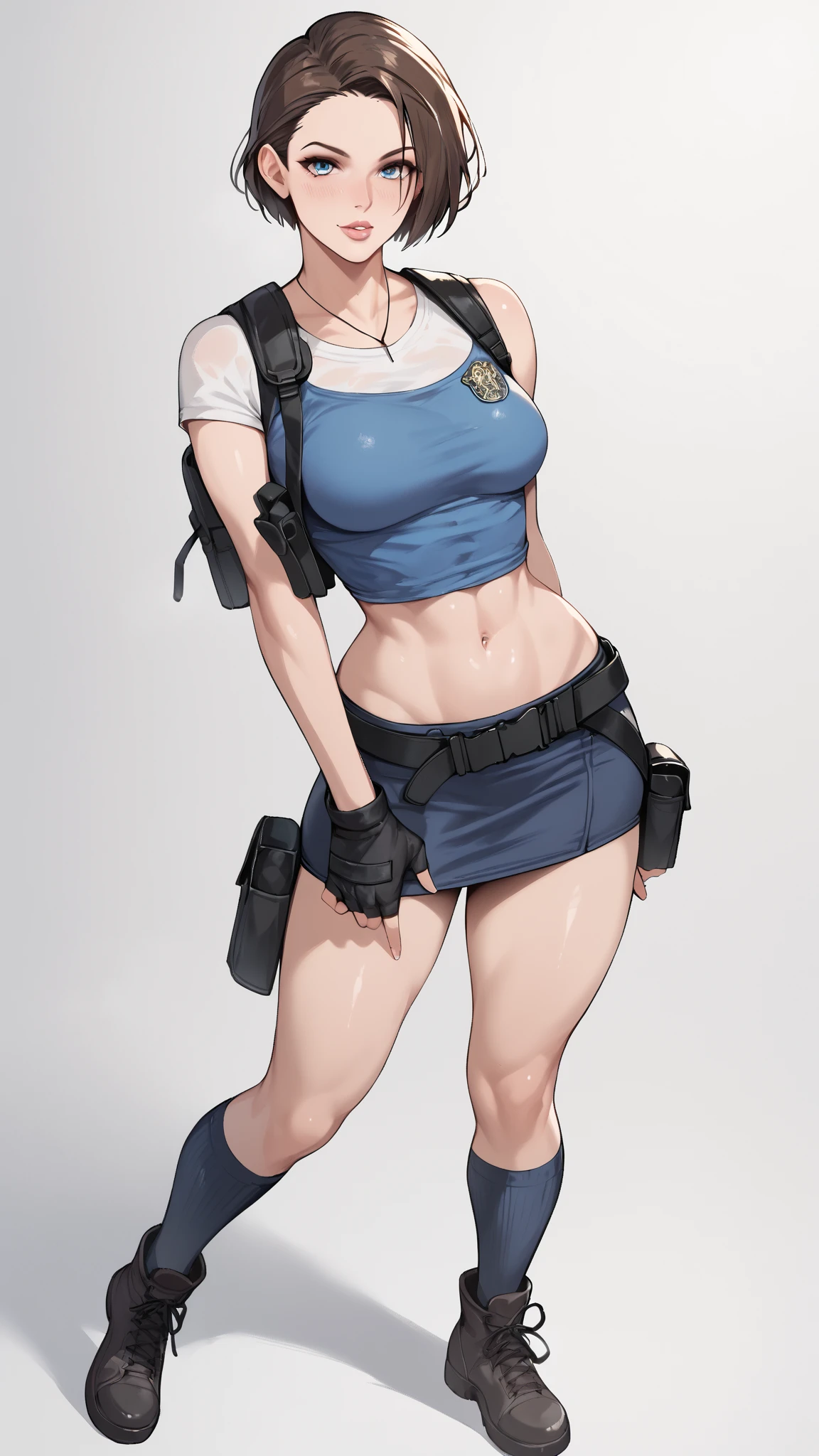 Zirle, jill valentine, 1 girl, chest, arms, gun, skirt, cleavage, Clothing around the waist, blue eyes, fingerless gloves, gloves, short hair, zombie, blonde hair, clock, pencil skirt, sweater around waist, large chest, holding, wristclock, strapless, holding arms, miniskirt, holding gun, handgun, Tube top, black skirt, looking at the viewer, brown hair, lips, boots, focus only, sweater, monster, Are standing
