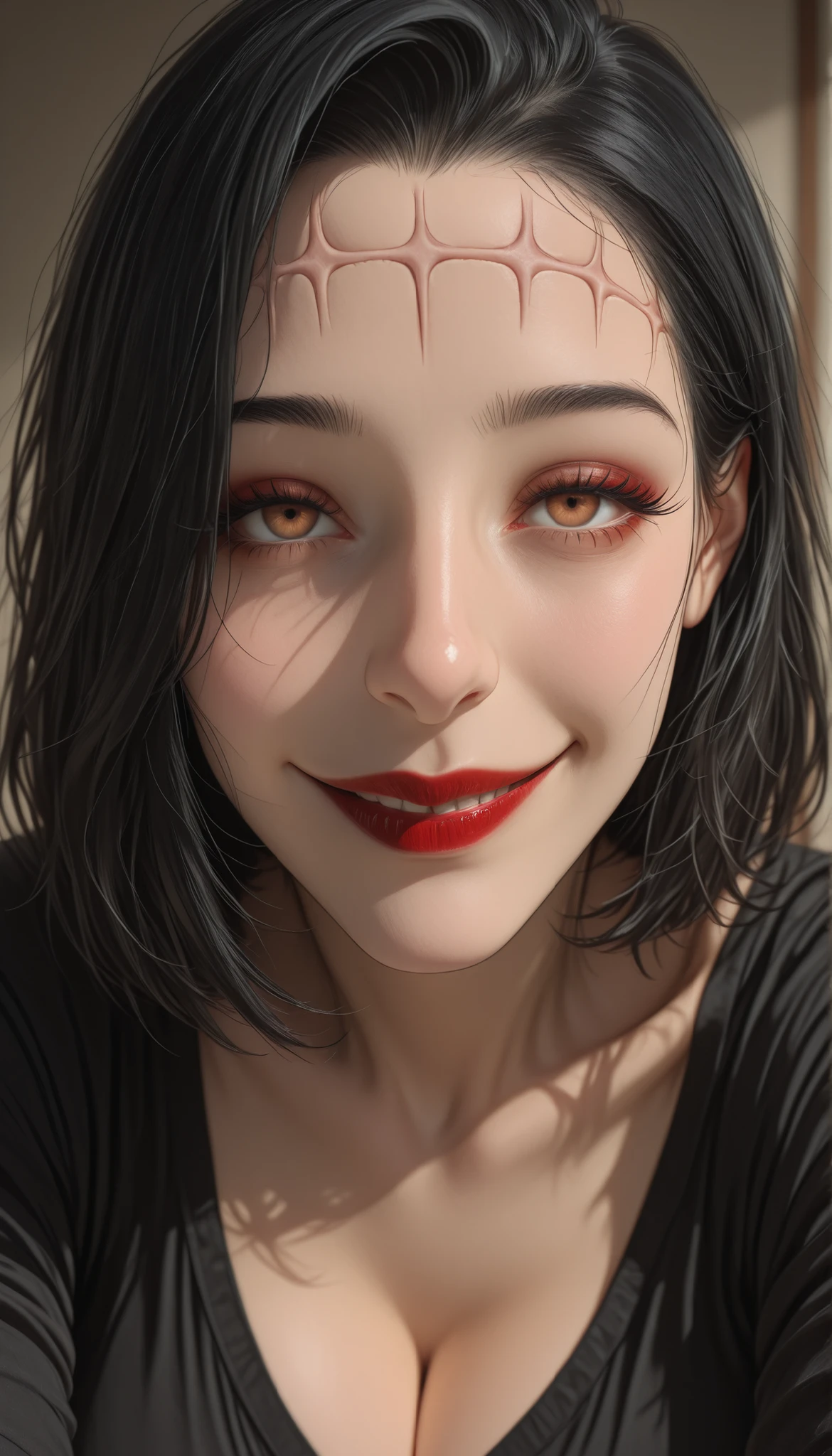 masterpiece, best quality, 1woman, solo, medium hair, black hair, brown eyes, lifeless eyes, forehead stitches, red lipstick, black shirt, cleavage, huge breasts, Anime Coloring, wide smile, looking at viewer, close up, face focus, detailed face, detailed hair