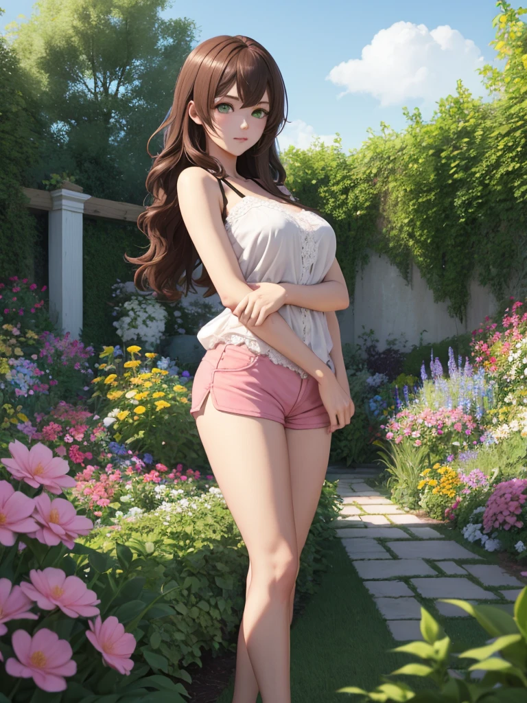 highest quality、cinematic lighting、woman in white bikini、slender line、flower bed、garden、Full body、touch the flower wall、Smile、daytime、