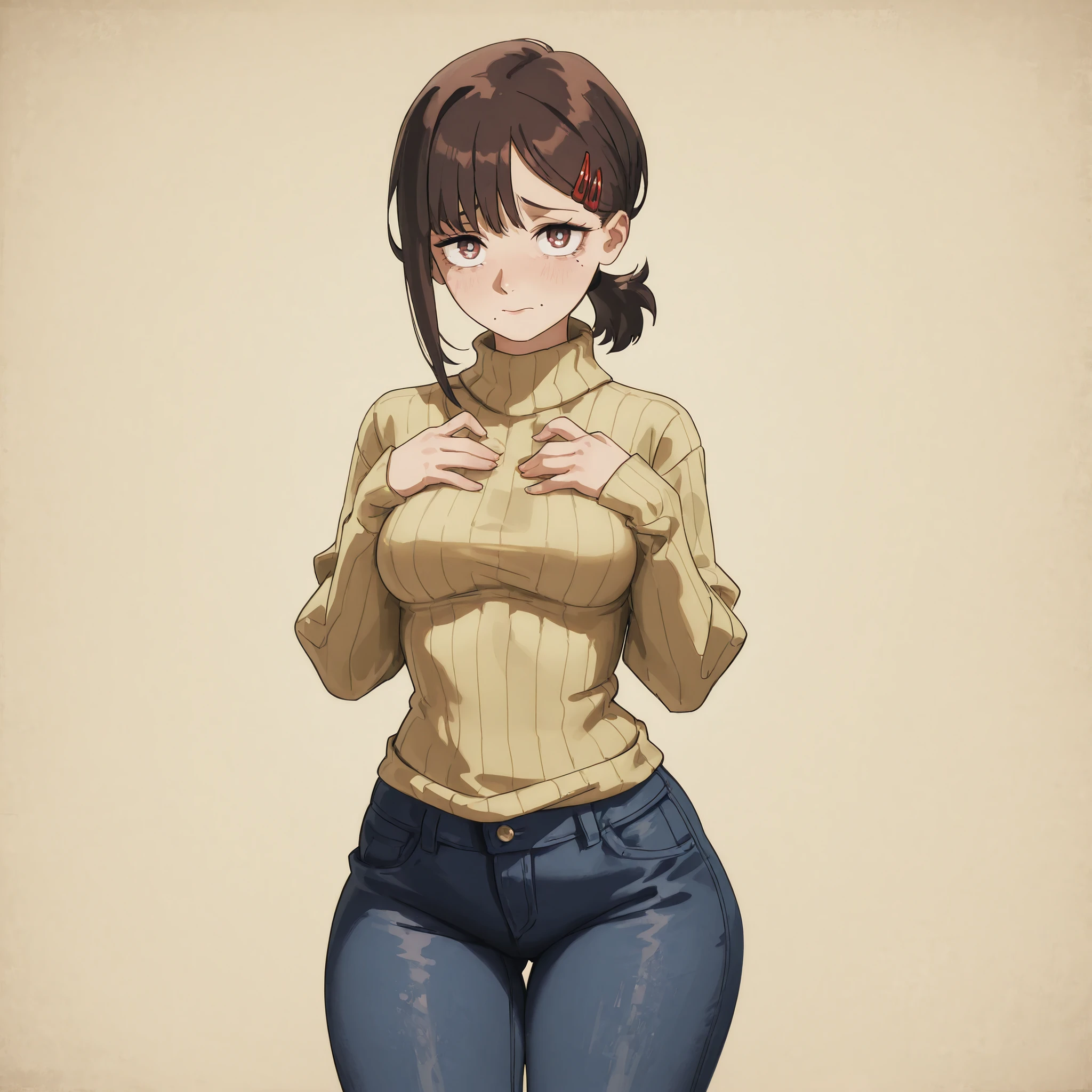 masterpiece, ultra-HD, impressionism, high detail, best quality, very aesthetic, 8K, best quality, beautiful, ultra-high resolution, 32K UHD, 1woman, solo, kobeni, hair ornament, mole, mole under mouth, hairclip, multiple moles, single sidelock, mole under eye, brown hair, bangs, short ponytail, brown eyes, short hair, medium breasts, wide hips, narrow waist, thick thighs, shapely legs, petite, slim, yellow ribbed turtleneck sweater, blue skinny jeans, blushed, shy, cute, hands over chest, standing, looking at the viewer, simple background, from the front view