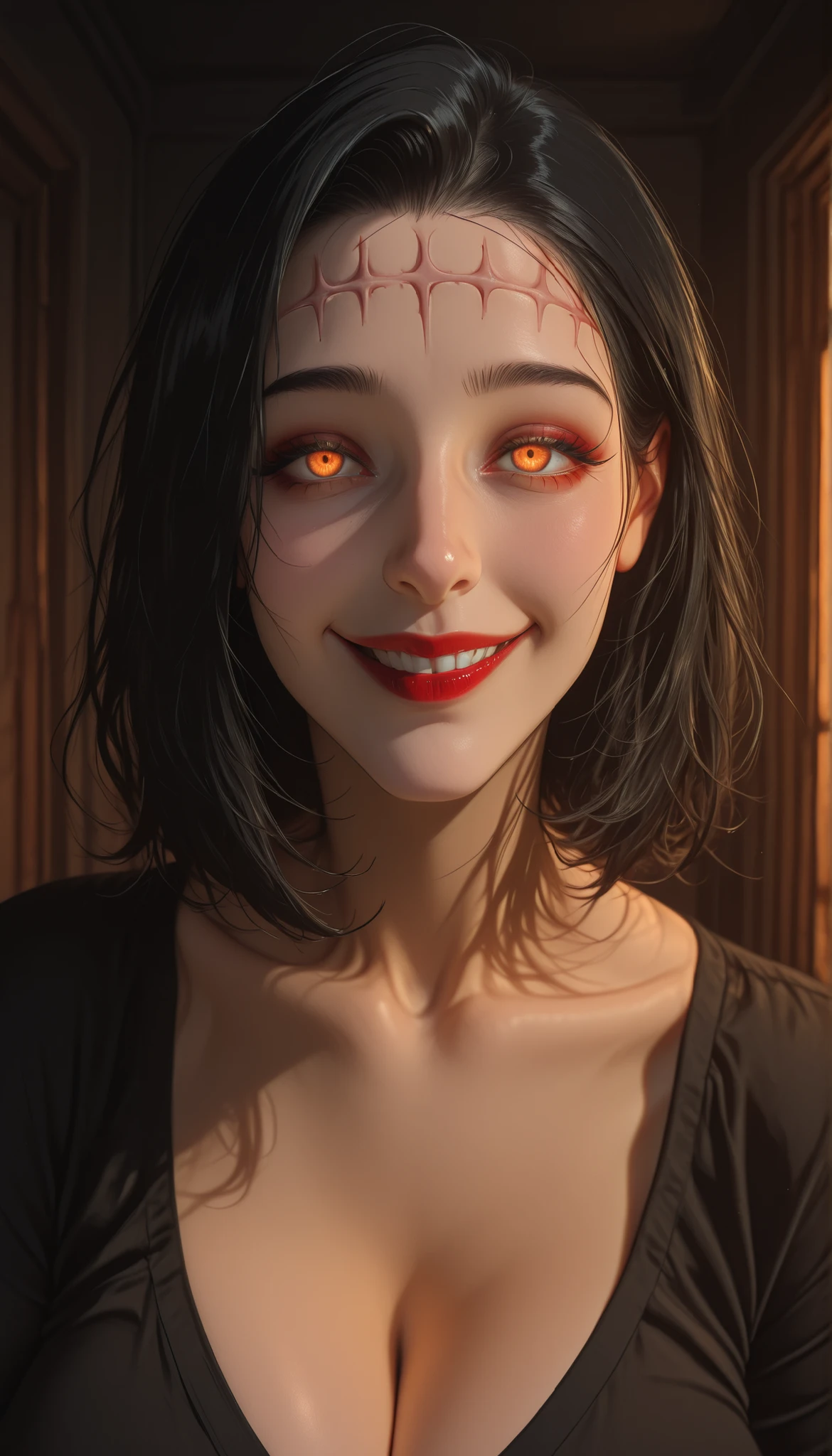 masterpiece, best quality, 1woman, solo, medium hair, black hair, brown eyes, lifeless eyes, forehead stitches, red lipstick, black shirt, cleavage, huge breasts, Anime Coloring, wide smile, looking at viewer, close up, face focus, detailed face, detailed hair, wide smile, eyes glowing, dark room, yandere smile, blood on face