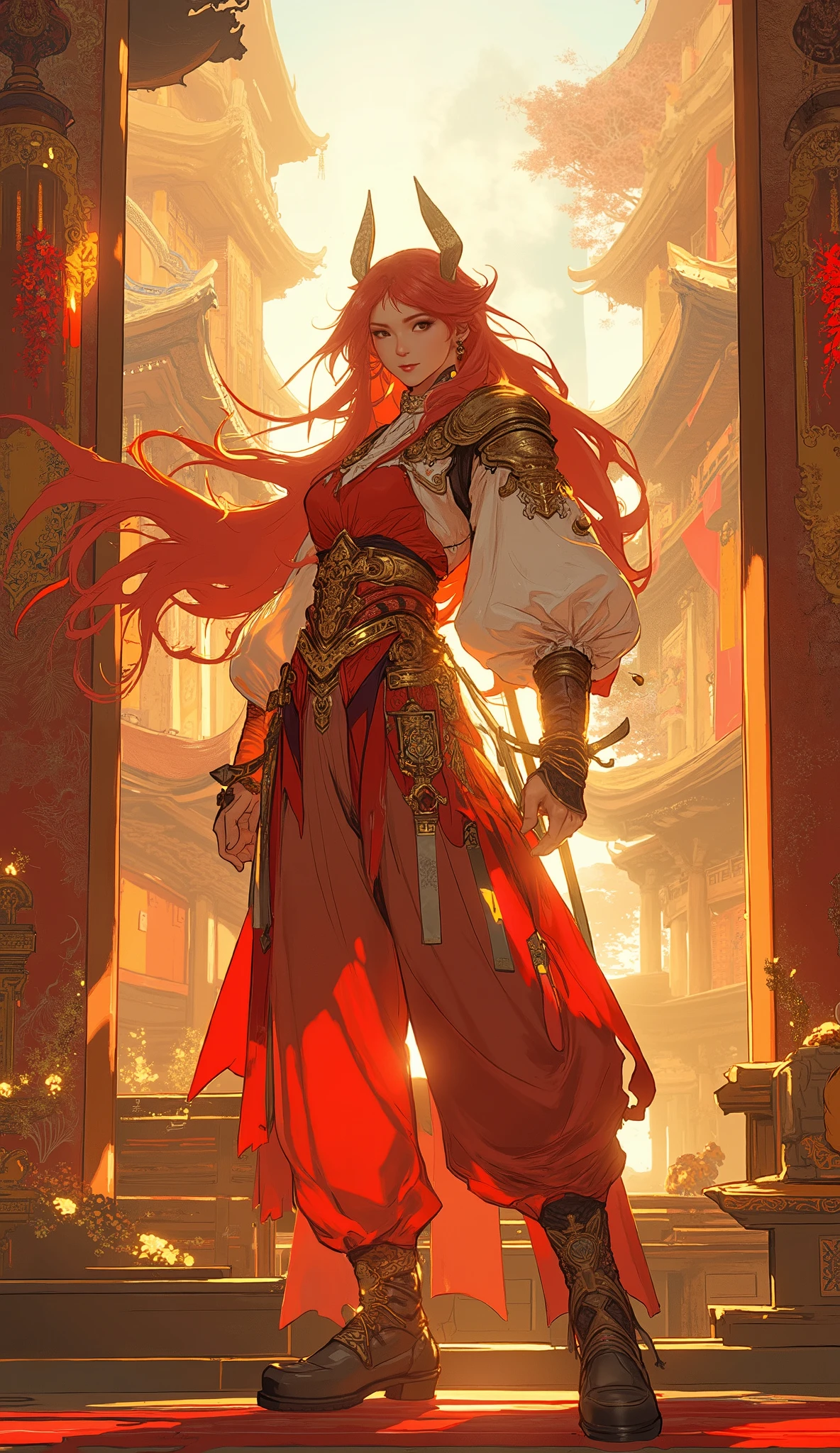 Masterpiece, ultra-detailed, 8k, epic character art, dynamic composition, cinematic lighting. A vivacious young female warrior, heroic and confident, of Central Asian and European descent. She has exquisite facial features, sharp piercing eyes, a subtle knowing smile, and a magnificent cascade of deep crimson wavy hair. Clad in a fantasy wuxia outfit, a blend of luxurious elegance and mobility; the color palette is a striking combination of crimson red and pure white, with brilliant yellow accents. She wears loose, comfortable trousers and agile leather boots. Posed powerfully with hands on hips, she stands within a breathtakingly grand fantasy ancient city, a fusion of majestic Chinese and elegant Japanese architectural styles. Pagodas and ornate temples fill the sprawling cityscape. Golden hour lighting, atmospheric god rays, sharp focus, intricate details, fantasy concept art, digital painting.