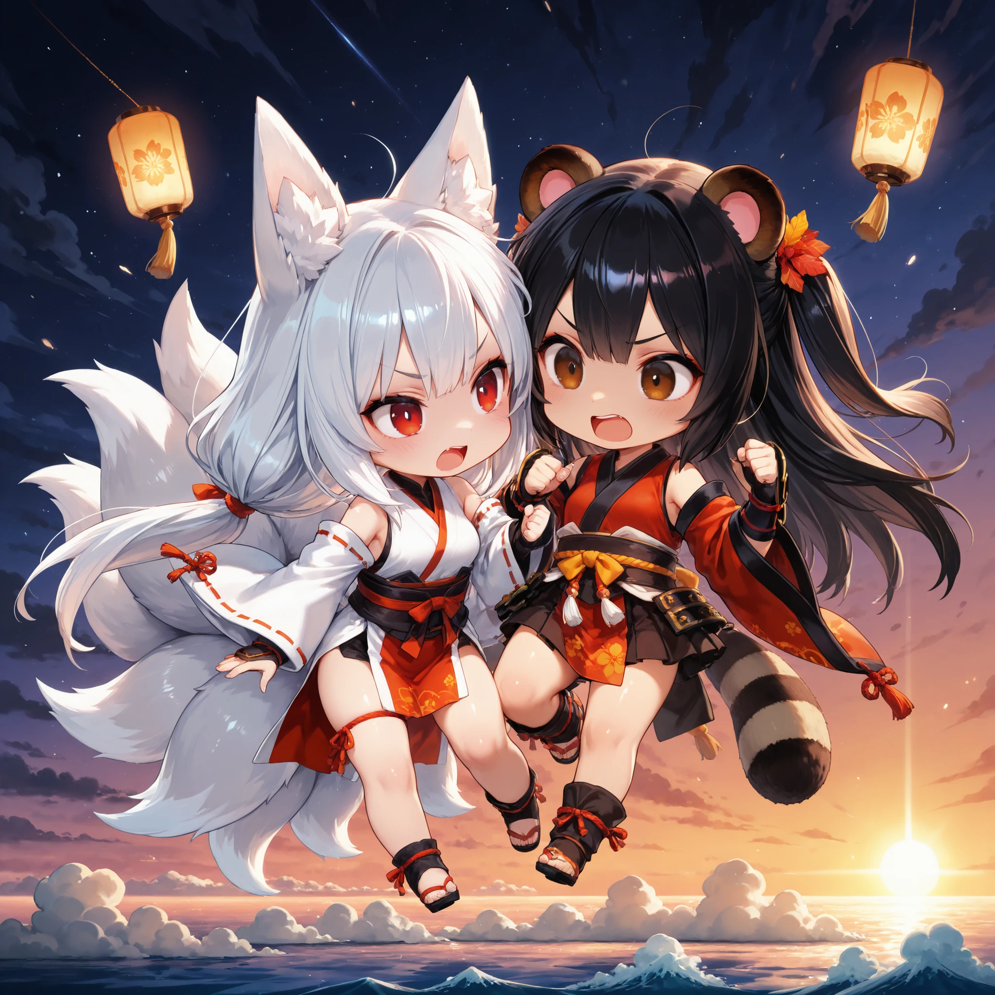 Highest Quality, ultra high definition, anime-style expression, ((2 people fighting)), Nine-tailed Fox Girl with long white hair and red eyes, Black Hair, Short Brown Eyes, Tanuki Girl, god々Shiny Light, Above the sea of clouds, Taoist Senjutsu, Majestic Atmosphere, Celestial Battlegrounds, full body, chibi, 2.5 heads tall, chibi only
