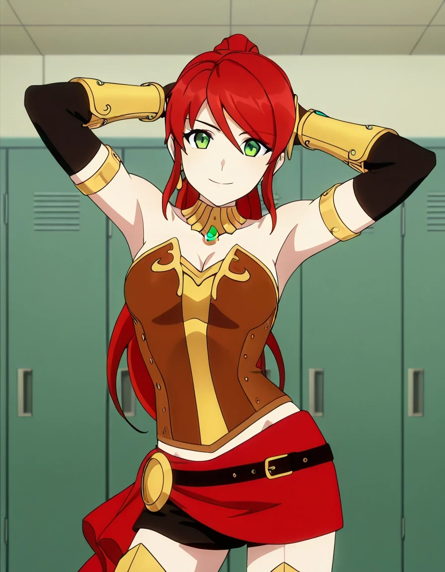 PyrrhaNik0s, 1girl, red hair, long hair, ponytail, green eyes, athletic female,
PyrrhaHuntress, bracers, elbow gloves, anime screencap, high quality, solo, cowboy shot, (contrapposto), hands behind head, closed mouth, dorm room, alone, looking at viewer, smile, best quality