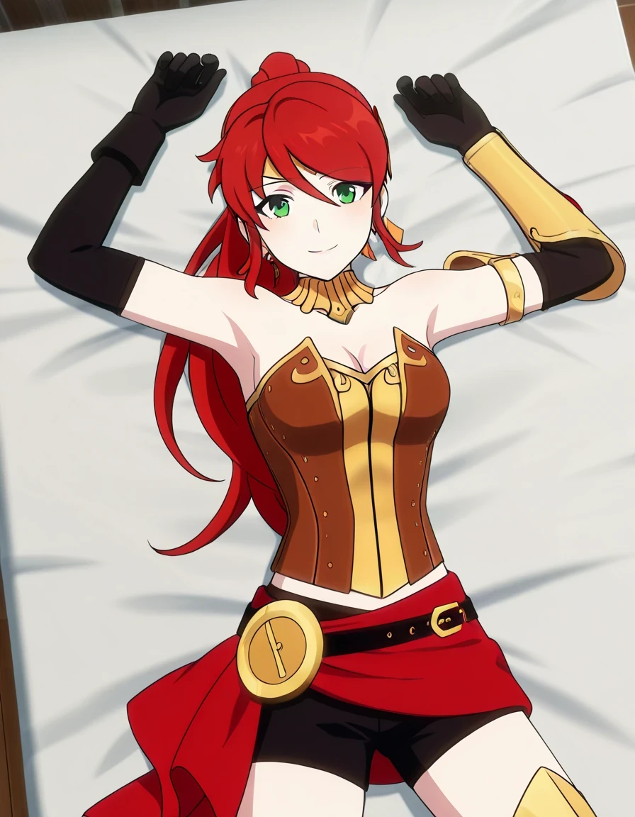 PyrrhaNik0s, 1girl, red hair, long hair, ponytail, green eyes, athletic female,
PyrrhaHuntress, bracers, elbow gloves, anime screencap, high quality, solo, lying, on back, arms up, , medium shot, from above, closed mouth, on bed, looking at viewer, smile, best quality,