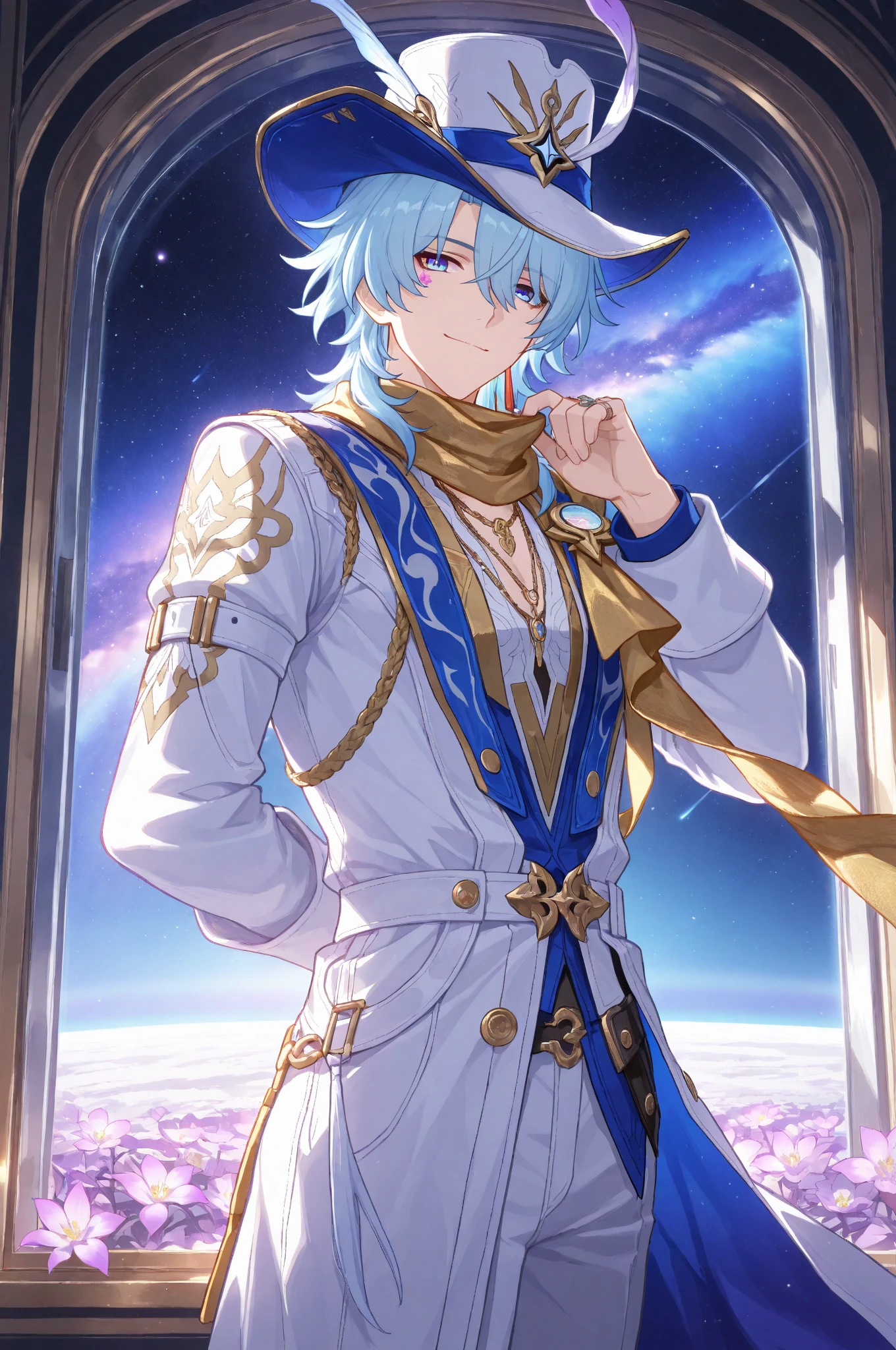 He is a handsome youth with medium-tall, and rather not very muscular. His eyes are blue lapis lazuli, with bright white pupils, and his hair is black, and looks like a floating, smooth-tipped spikes. He also has runes on a forehead, and a black circle resembling an eye, with a shining blue lapis lazuli.

His chest is , and on bottom he wears light, White colour robe covering his legs, from which two long belts protrude, one he throws over his left shoulder and the other hangs freely. He have brown-blue small bracelets on on the top of his hands, and on the wrists, he wears golden 3-part bracelets.

And he is meditating at between a big buddhism's mandala.