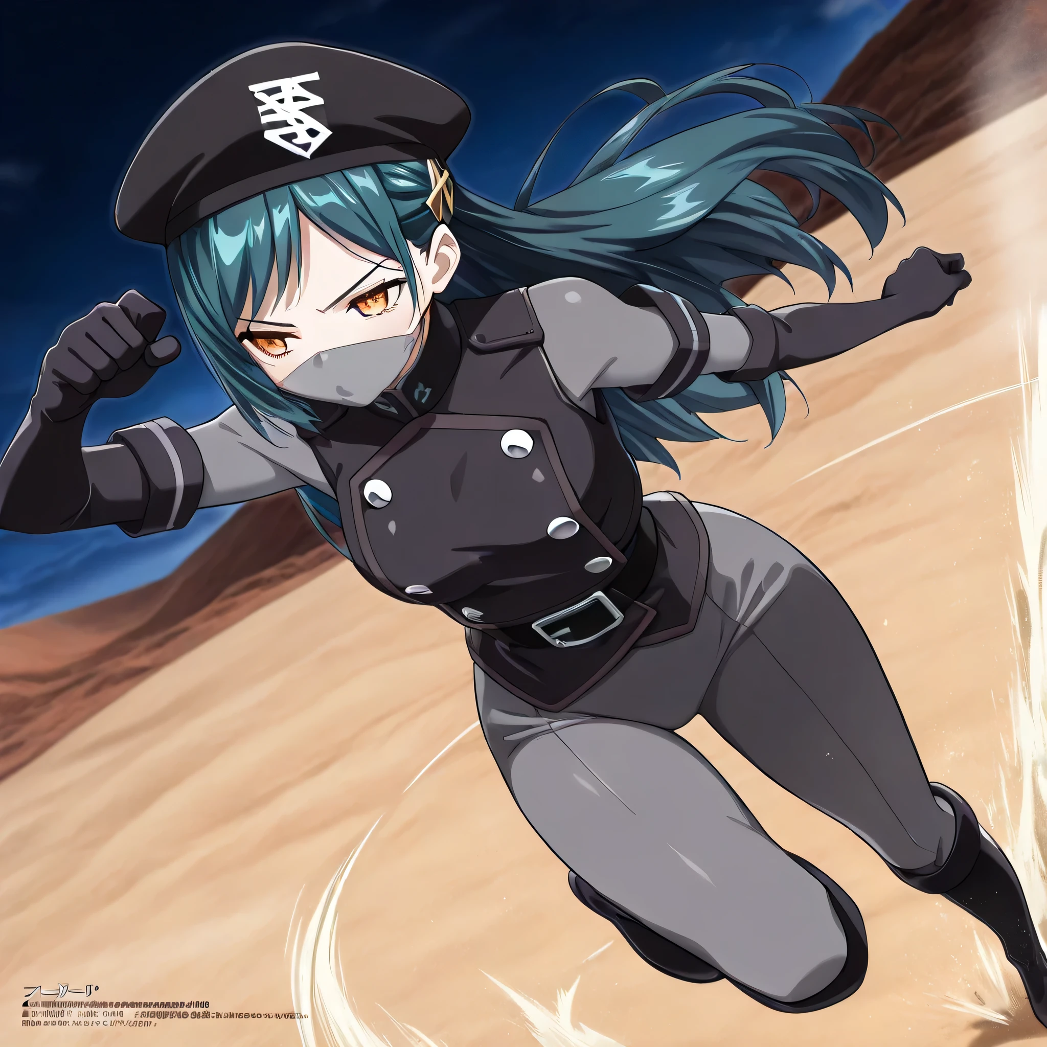 (((Masterpiece))), (((Best Quality))), ((Super Detail)), ultra-High resolution, score_9,score_8_up,score_7_up,score_6_up,score_5_up,score_4_up, BREAK, source_anime, anime screencap, uncensored, Masterpiece, (absurdres), (detailed background), (very aesthetic), detailed beautiful eyes, outstanding, an exquisite animation illustration, curvy, highres, dark persona, black beret, mouth mask, grey bodysuit, black vest, black gloves, elbow gloves, black belt, black boots, knee boots, (((solo, 1girl))), hair ornament, seductive pose, submissive pose, anime style, anime coloring, animification, megami magazine, sexy pose, himari azuma, long hair, side bangs, hair tied in large bow, expressive eyes, medium breasts, dark teal hair, amber eyes, jumping forward, arm raised, confident expression, motion lines, action pose, night, sand, desert, dynamic pose, dynamic angle, cinematic angle, dutch angle, leaning forward, running