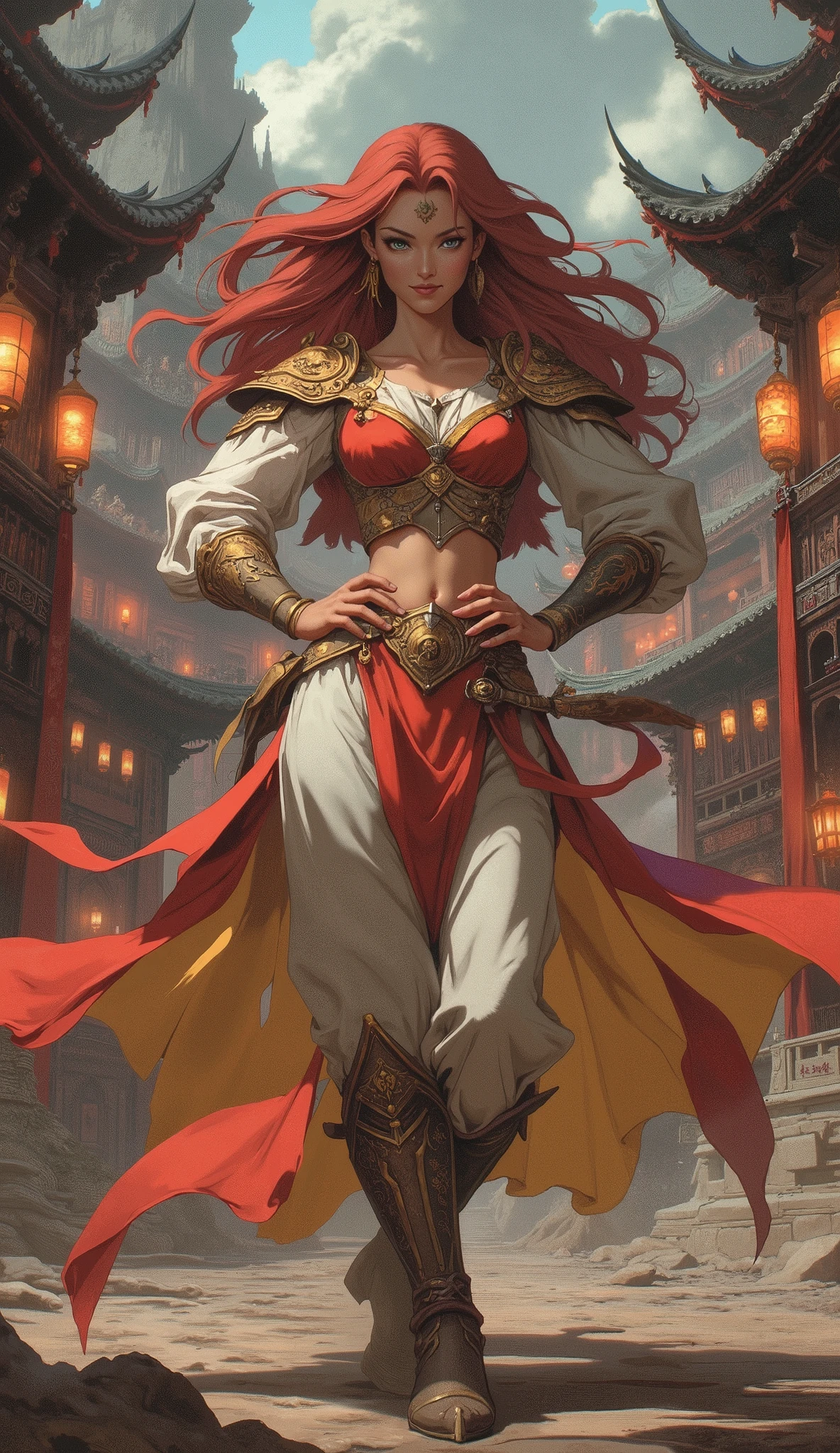 Masterpiece, 8k, best quality, hyper-detailed character illustration. A heroic female warrior of captivating Central Asian and European heritage. Sharp, piercing eyes, a subtle confident smile, delicate upturned eyebrows, exquisite facial features. Voluminous, flowing deep crimson wavy hair. Slender and athletic build. She wears an elegant fantasy wuxia-style dress, primarily red and white with golden yellow accents, designed for both luxury and mobility, paired with loose trousers and ornate leather boots. Posed proudly, hands on hips, radiating an aura of unshakable confidence. The background is a grand, magnificent ancient city, a fantasy fusion of Chinese and Japanese architectural styles, with intricate pagodas and glowing lanterns. Dramatic cinematic lighting, sharp focus, volumetric atmosphere, fantasy concept art.