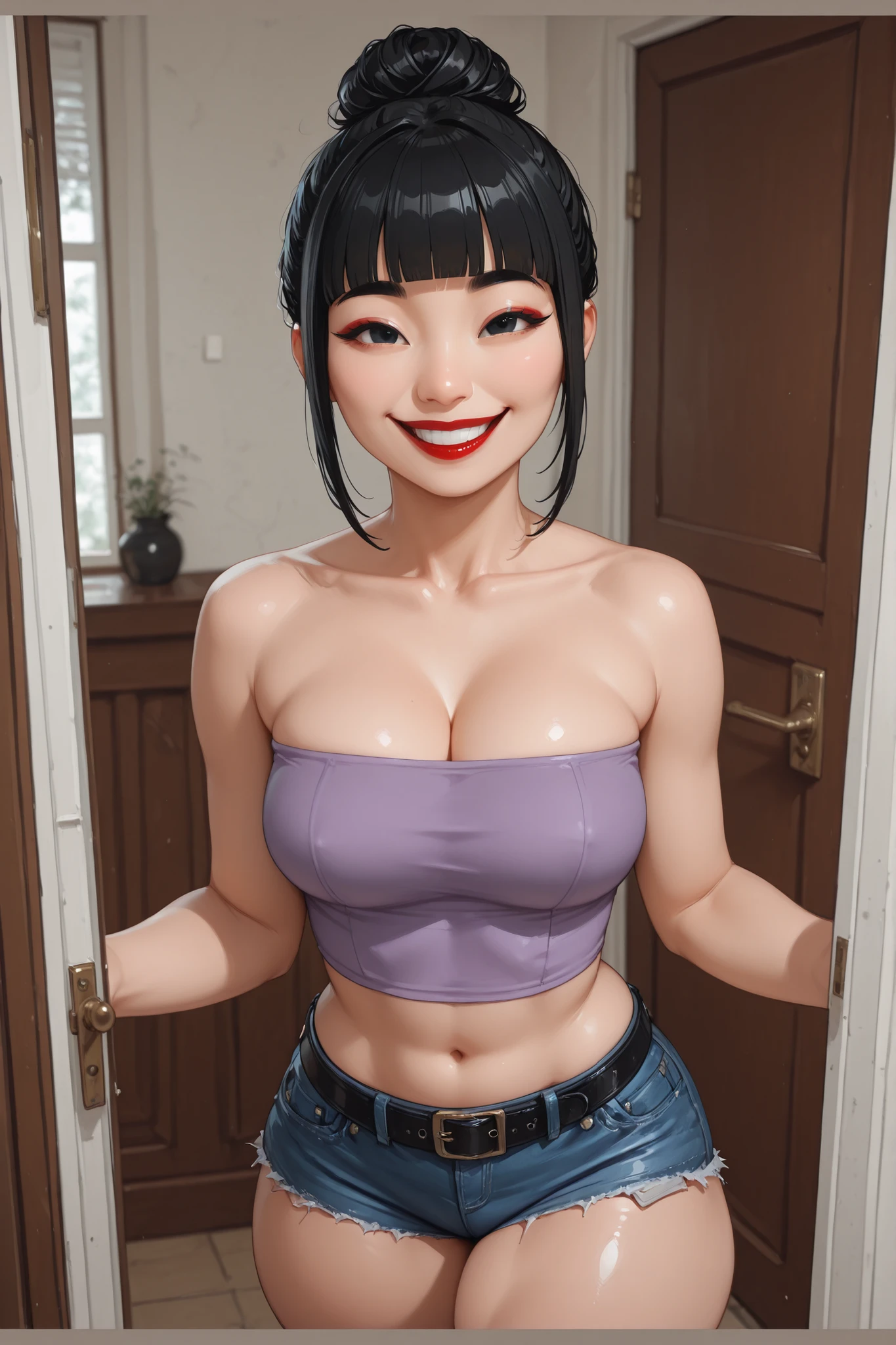(Perfect Face, Perfect Body), (Female Asian, Face Asian), Black Hair, (Hair Bun, Hair Up, Hime Cut Hair), Black Normal Eyebrows, Black Eyes, Red Lips, ((Big Smile)), Collarbone, Cleavage, (Medium Breasts, Perfect Breasts), (White Tube Top, Purple Tube Top), Navel, (Blue Denim Jeans Short Shorts, Black Belt), (Thick Thighs:1.3), (Standing In Doorway With Her Arms Outstretched), Looking At Viewer, Pov, (Enter Door Background)