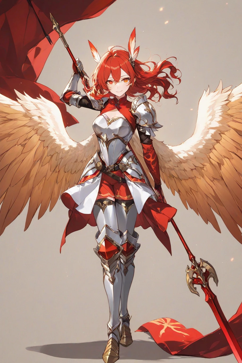 Masterpiece, 1girl, angel wings, armor, armored boots, bikini armor, blue eyes, blue sky, boots, breasts, cleavage, cloud, day, detached sleeves, feathered wings, flower, full body, hair ornament, hand on hip, looking at viewer, medium breasts, midriff, navel, red hair, rose, sky, smile, solo, thighhighs, wings, Granblue Fantasy style