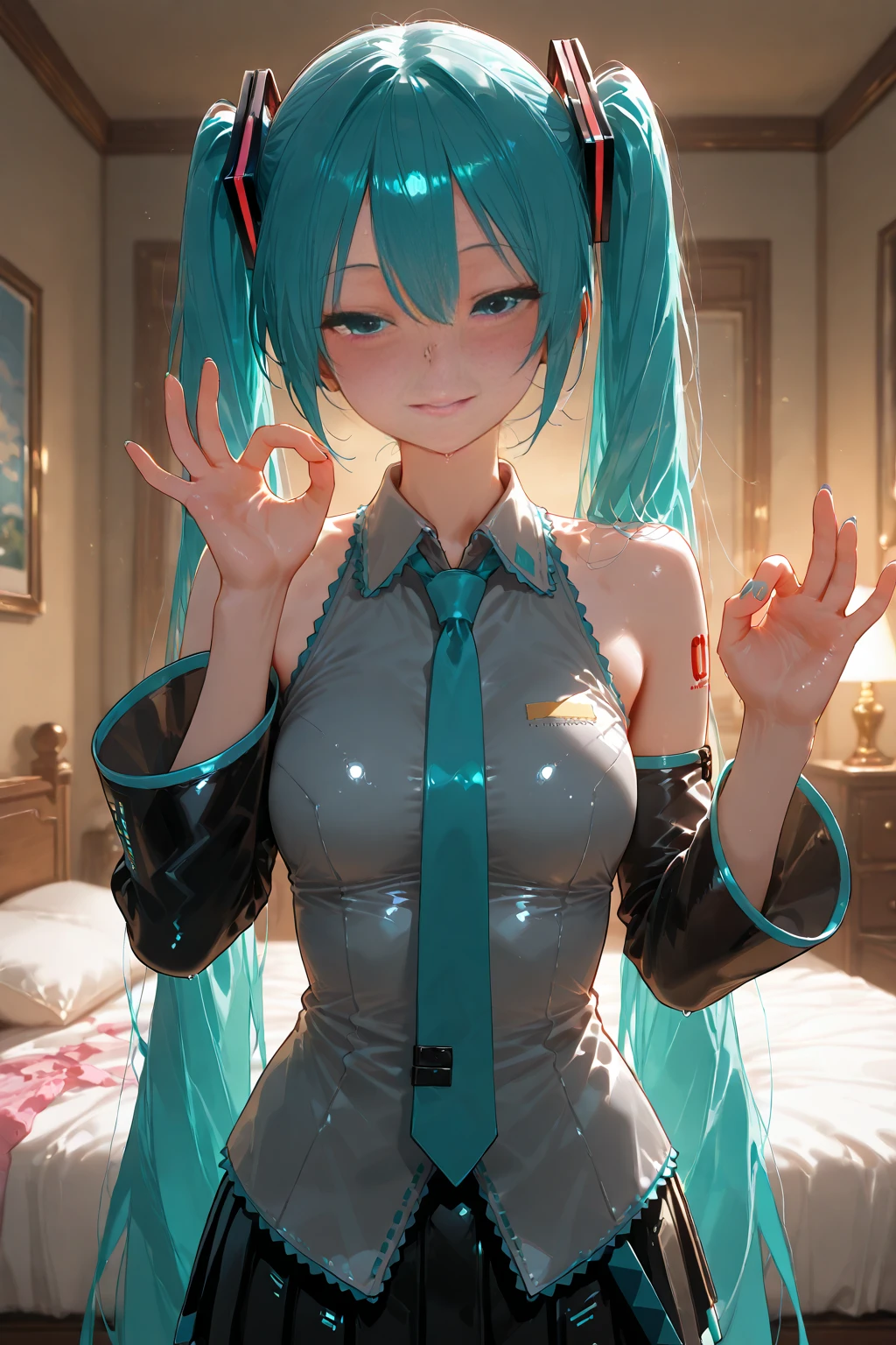 (masterpiece:1.3), (8k, realistic, RAW photo, perfect human body、all the details、highest quality: 1.4), (Young adult girls), beautiful face, young and beautiful big breasts、big breastsの谷間、(thin face、big earrings、wrist accessories、waist accessories), 美しいrealistic eyes, beautiful and fine clear eyes, ((realistic skin、迸るSweat、oil skin,glowing skin、realistic skin texture、detailed beautiful skin、shiny skin、shiny skin))、 ultra high resolution, 超realistic, very detailed, beautiful feet、Thin and attractive thighs、((full shot :1.8)) , ((slender、big breasts、slenderボディ、small face、thin neck、thin body、thin arms and legs))、(((hotel at night、bed、bright red futon、dark room、uv blacklight、Pink and blue neon lights))), Shadow、break、looks embarrassed、((Sweat, vapor))、(cowboy shot:1.5),((evil smile、female brat smile、vulgar smile))、(slenderボディ、big breasts、long chest、saggy breasts、weaning), break、((Fluorescent pink gloss slip))、(sexy girl sitting on the bed、character Ichinose Asuna (Asuna Ichinose) Blue Archive 、look at the viewer、rabbit ear headband、Shiny bunny girl、fishnet stocking、arms up
