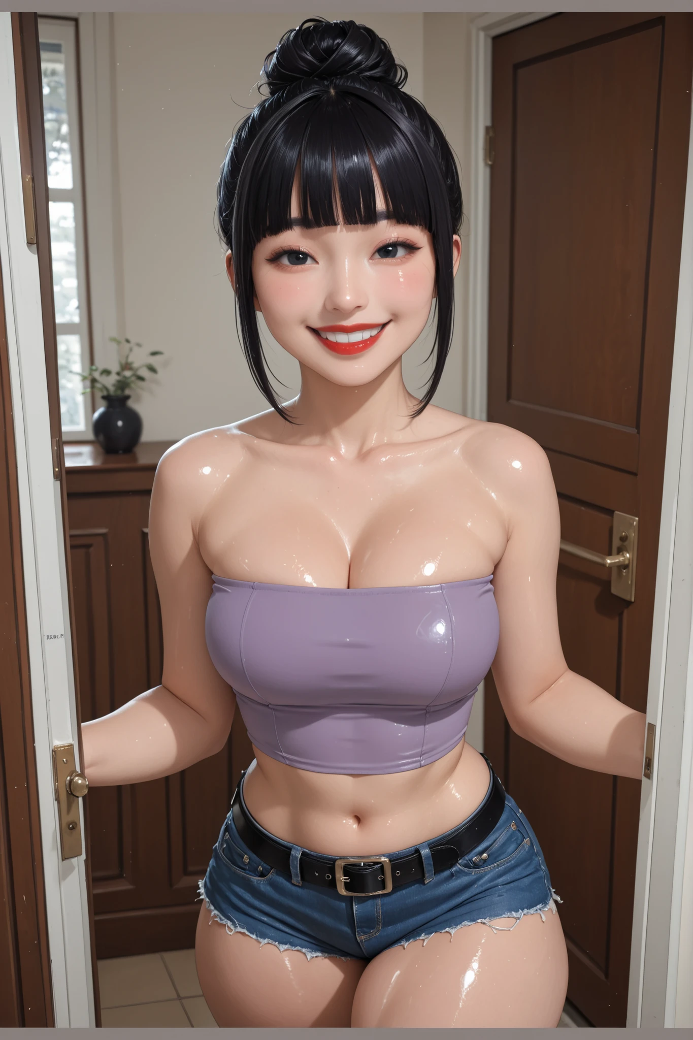 (Perfect Face, Perfect Body), (Female Asian, Face Asian), Black Hair, (Hair Bun, Hair Up, Hime Cut Hair), Black Normal Eyebrows, Black Eyes, Red Lips, ((Big Smile)), Collarbone, Cleavage, (Medium Breasts, Perfect Breasts), (White Tube Top, Purple Tube Top), Navel, (Blue Denim Jeans Short Shorts, Black Belt), (Thick Thighs:1.3), (Standing In Doorway With Her Arms Outstretched), Looking At Viewer, Pov, (Enter Door Background), ((shiny skin)), ((glossy skin))