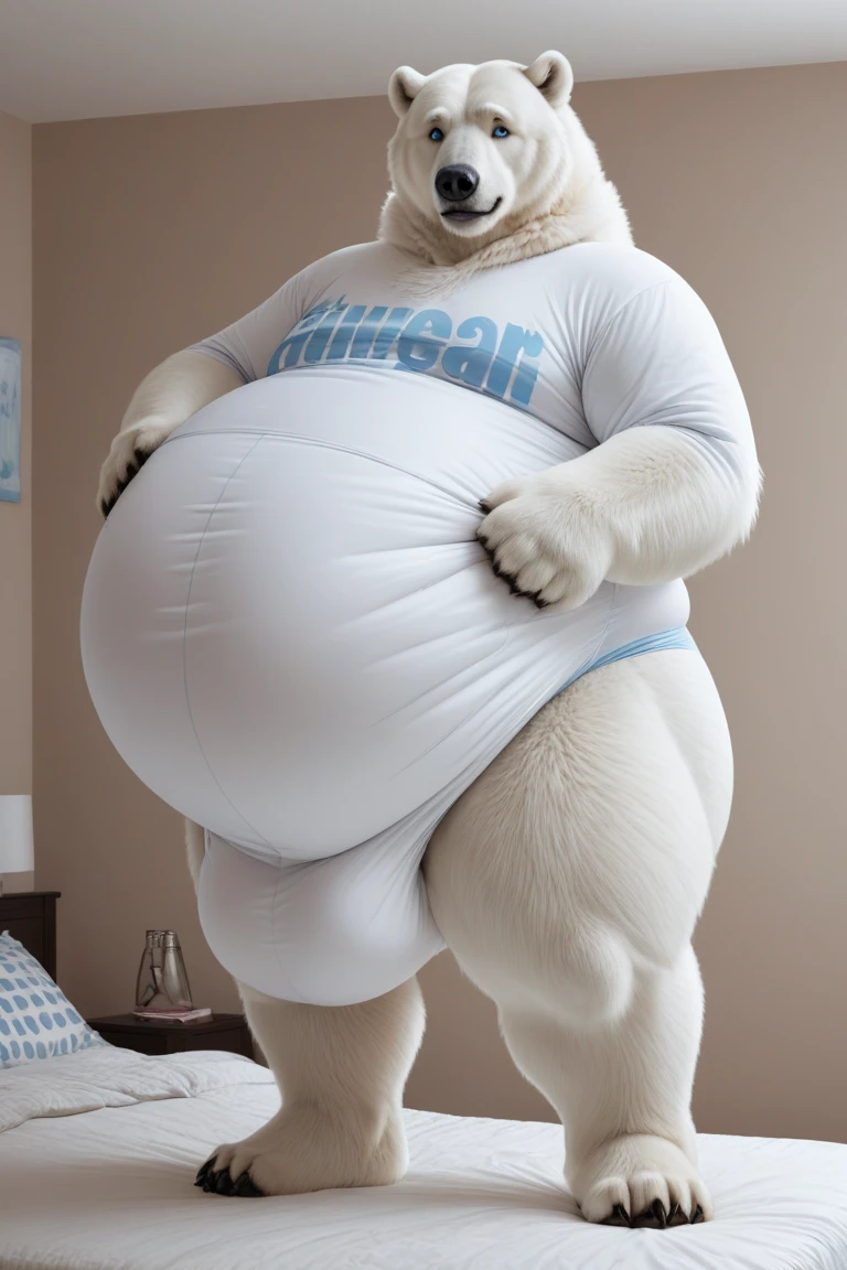 (((detailed eyes, detailed face))), (anthro, polarbear, black eyes), male, (solo), (plump, chubby, belly, overweight), (white briefs <lora:bulge_brief_cum_xindigo_v2:1>, topless), standing, arms behind back, smile, photorealistic, hyper realistic, ultra detailed, bedroom, light environment, 8k, UHD, masterpiece