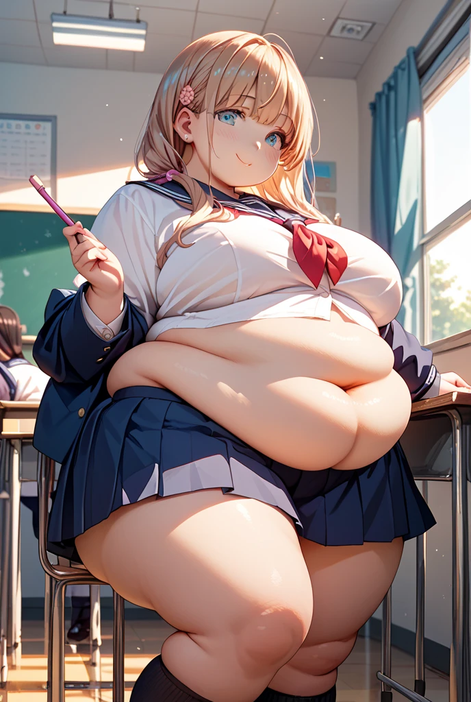 ((Masterpiece)), perfect anatomy, perfect shading, field of depth, (best quality), extremely delicate and beautiful, perfect lighting, detailed face, ultra cute face, cute, (cowboy shot 1.2), looking at viewer, full body, (((1girl))), (((solo))), kitagawa marin
1girl, blonde hair, long hair, multicolored hair, red eyes, (blush), seductive smile, jewelry, earrings, piercing, school uniform, white shirt, tied shirt, black choker, blue necktie, plaid skirt, medium breasts, wide hips, thick thighs, (chubby), belly bulge,
indoors, inside, classroom, open smile, pose, desks