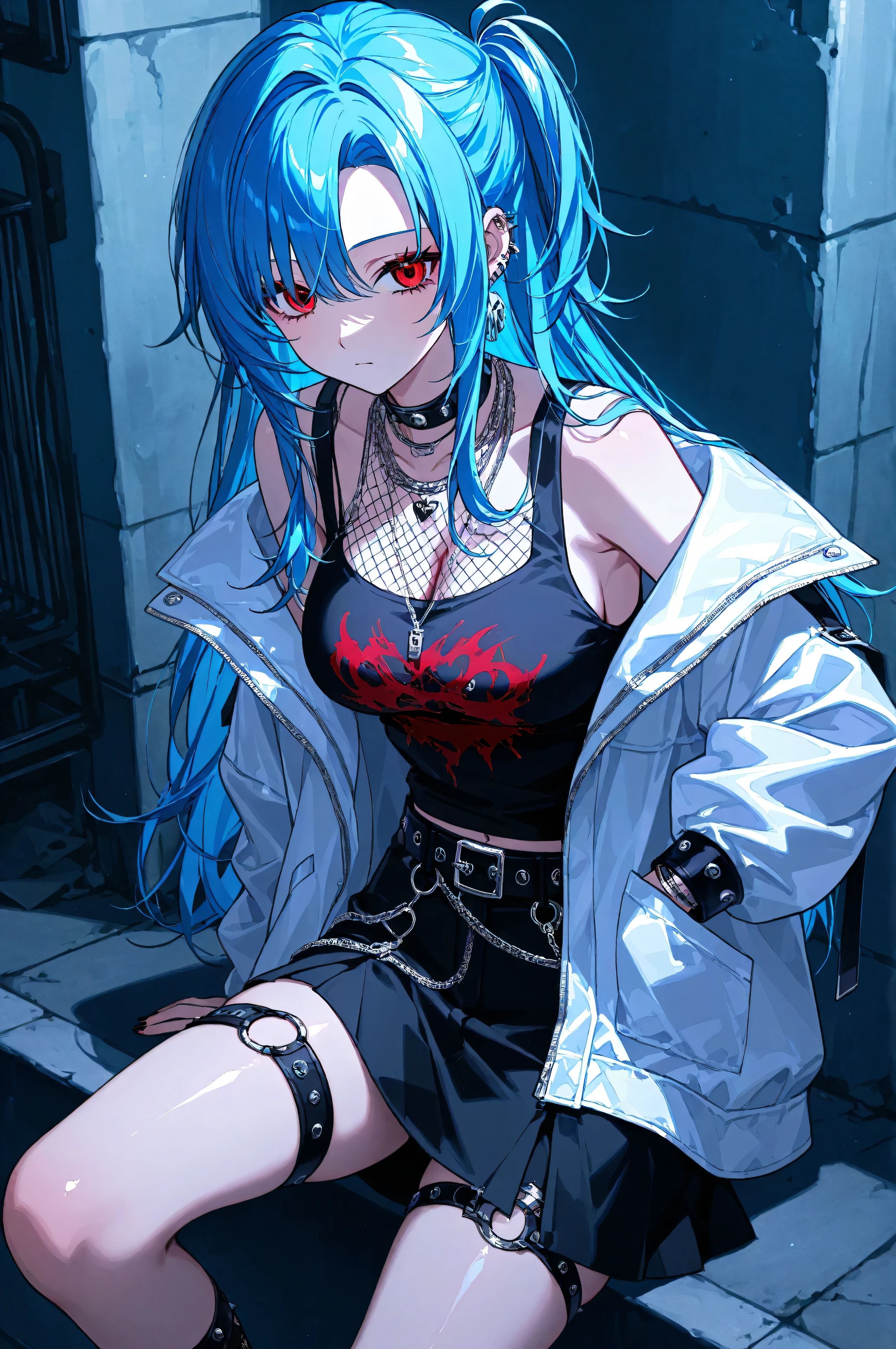 adult women、slanted eyes,brightly colored、shiny skin、No bangs、Blue hair、Long hair、Red Eyes、punk style、white jacket、Alley、hairstyle,chest